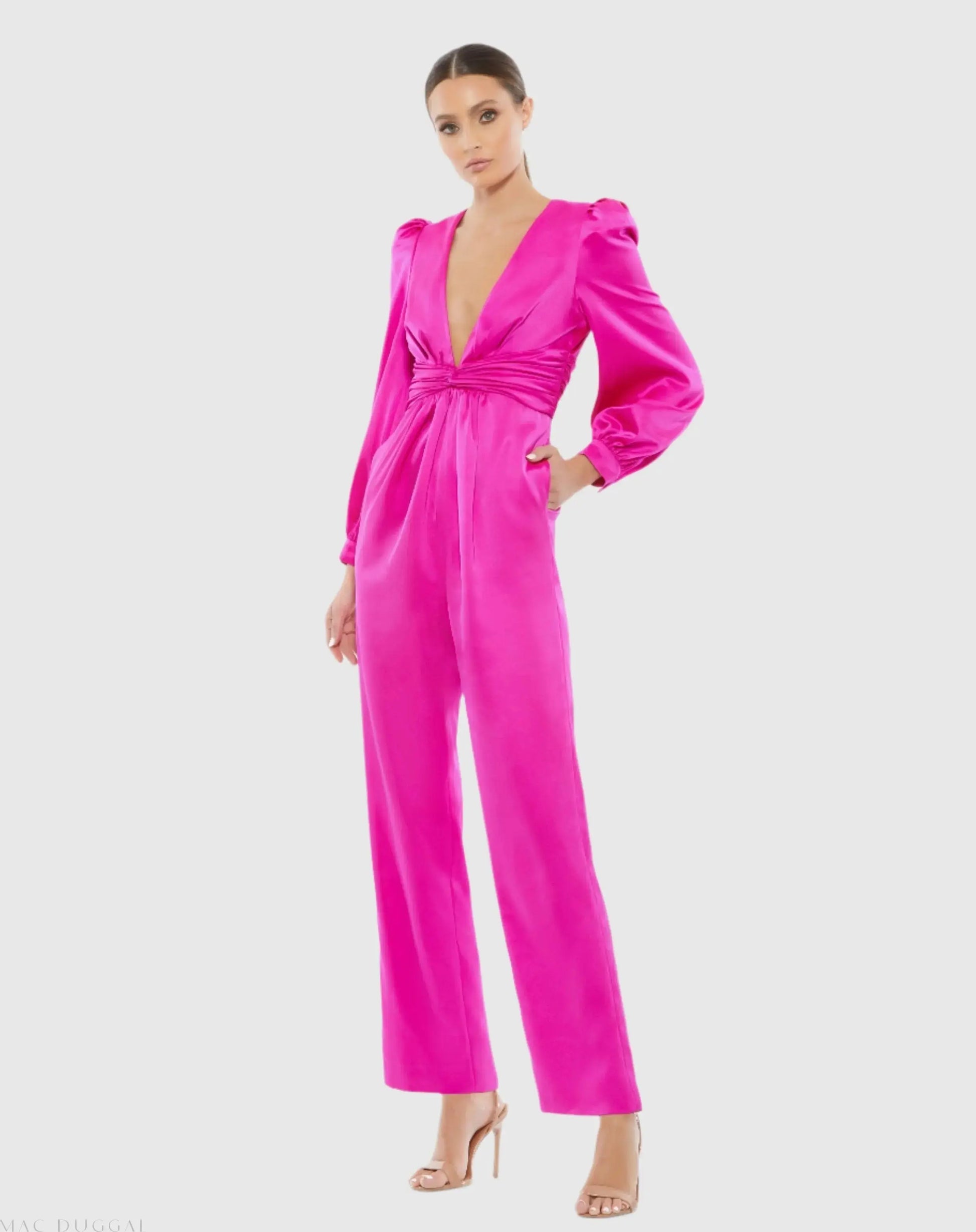 Pink Front Twist Puff Sleeve Deep V Jumpsuit Ieena for Mac Duggal