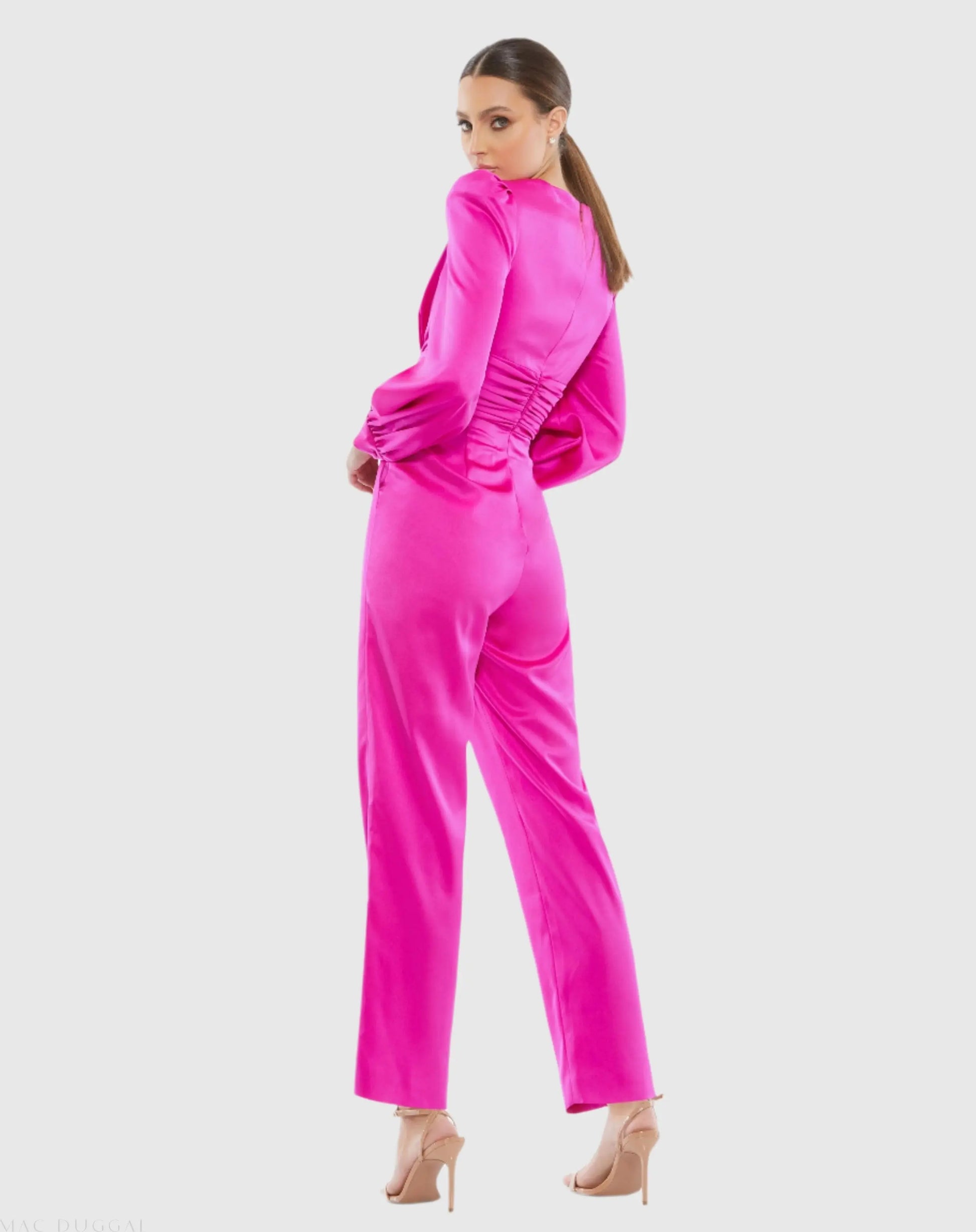 Pink Front Twist Puff Sleeve Deep V Jumpsuit - Mac Duggal