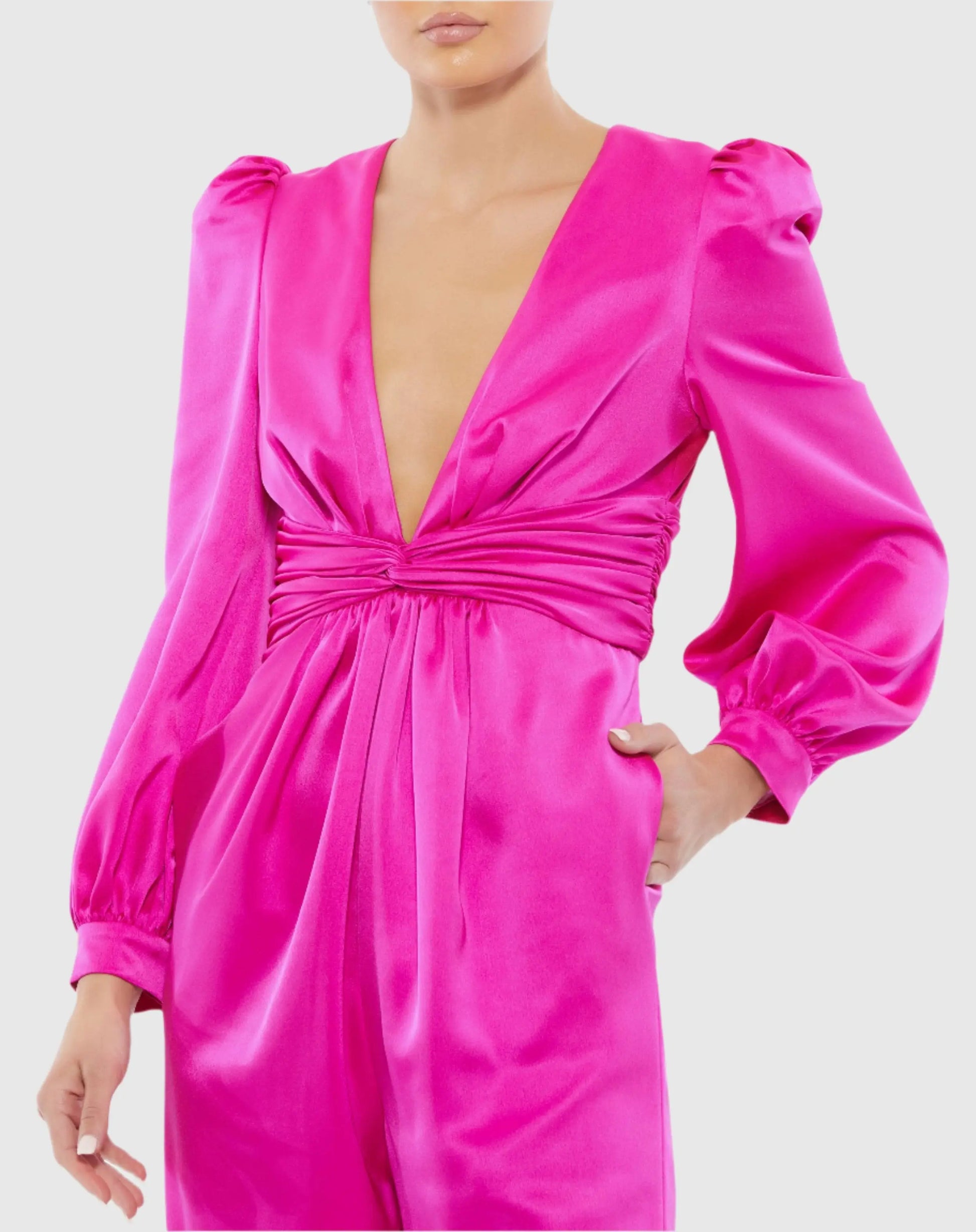 Pink Front Twist Puff Sleeve Deep V Jumpsuit - Mac Duggal