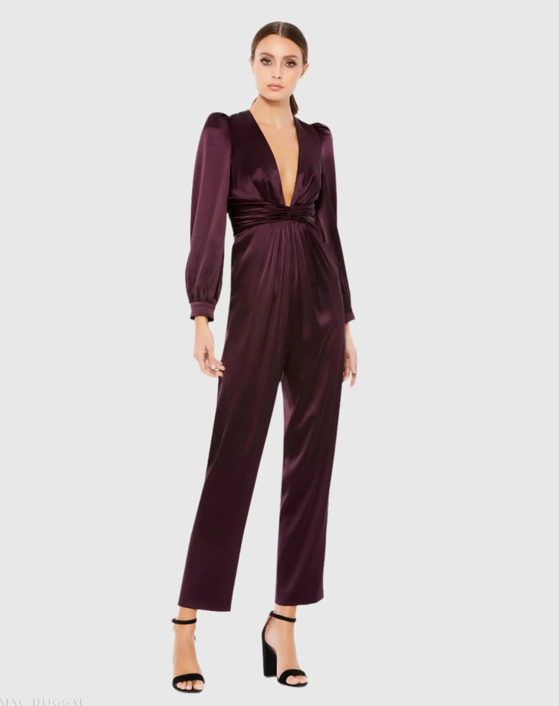 Purple Front Twist Puff Sleeve Deep V Jumpsuit - Ieena for Mac Duggal