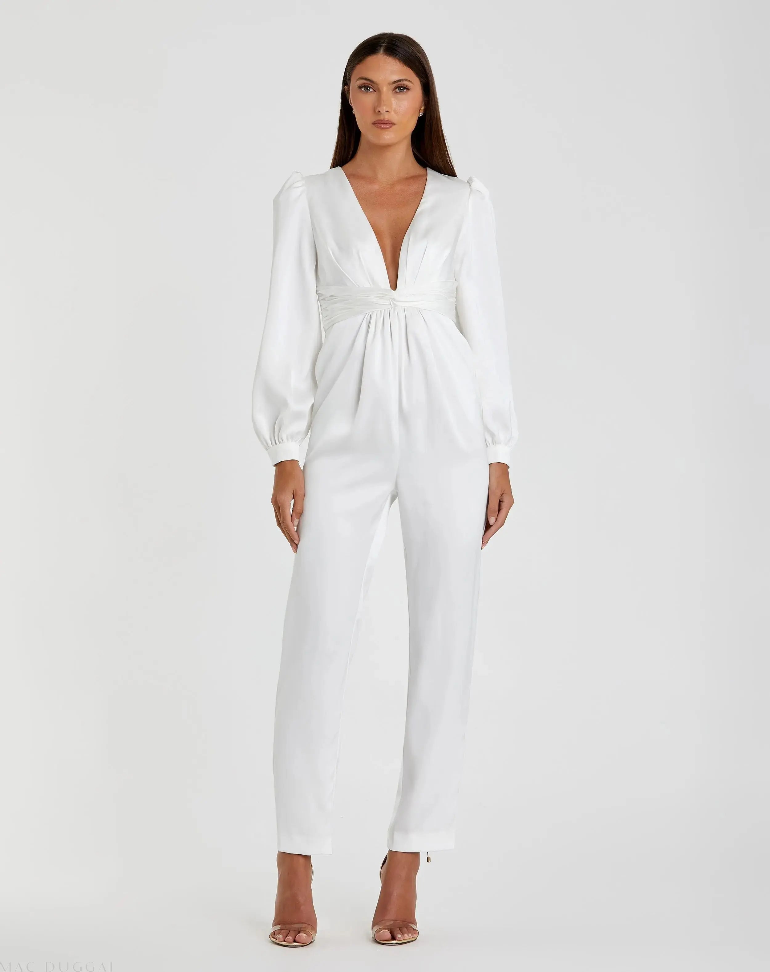 White Front Twist Puff Sleeve Deep V Jumpsuit - Mac Duggal
