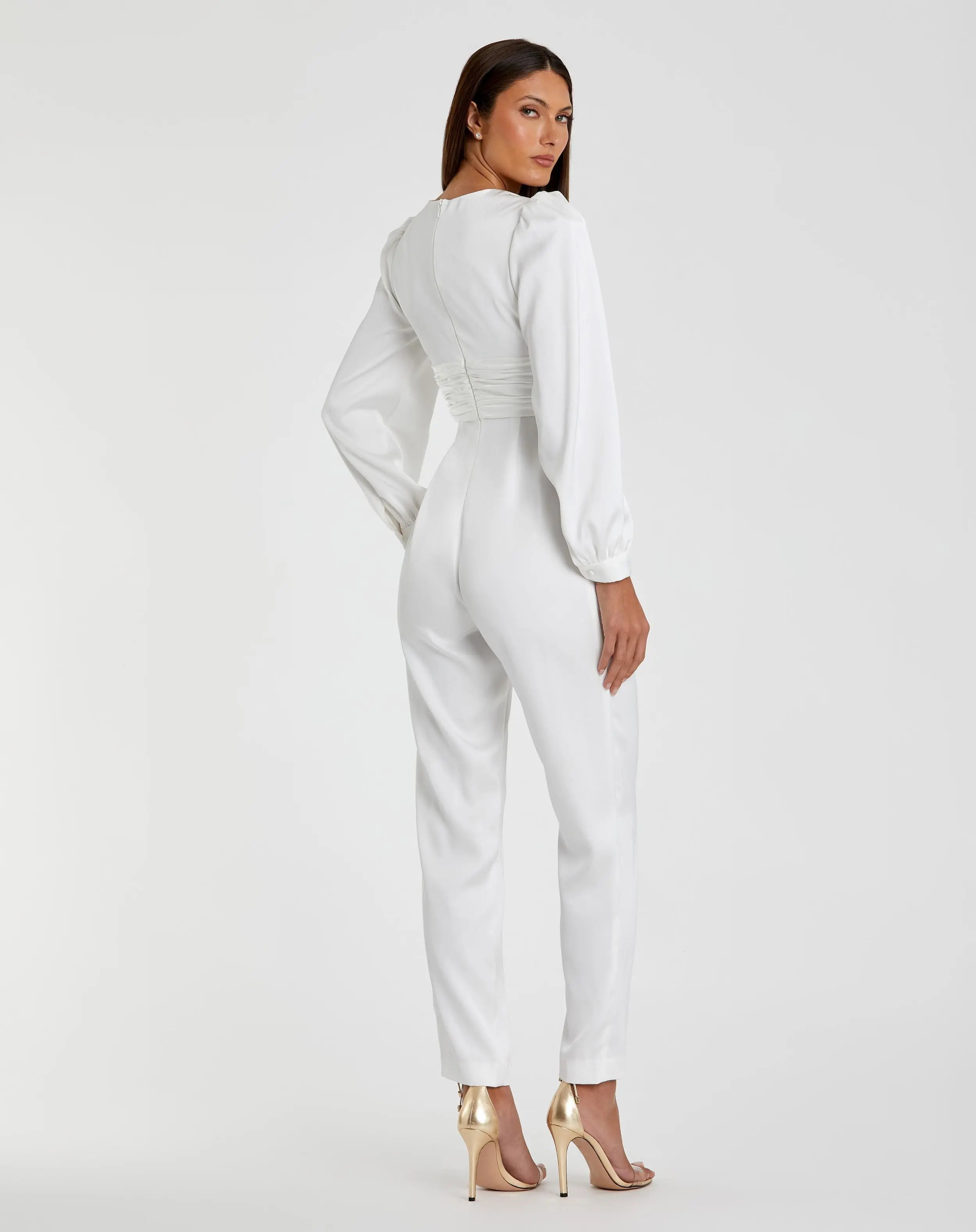White Front Twist Puff Sleeve Deep V Jumpsuit - Mac Duggal