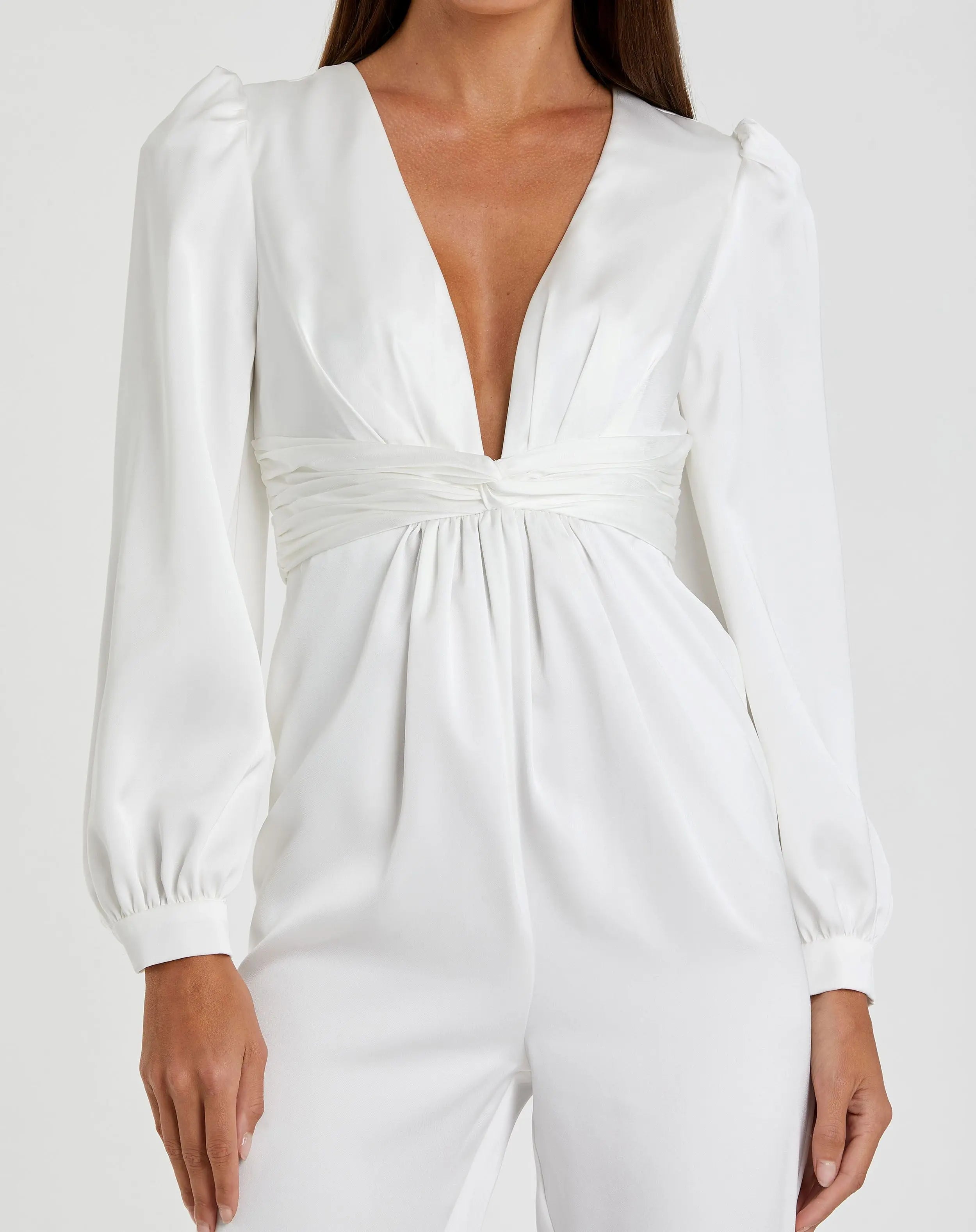 White Front Twist Puff Sleeve Deep V Jumpsuit - Mac Duggal
