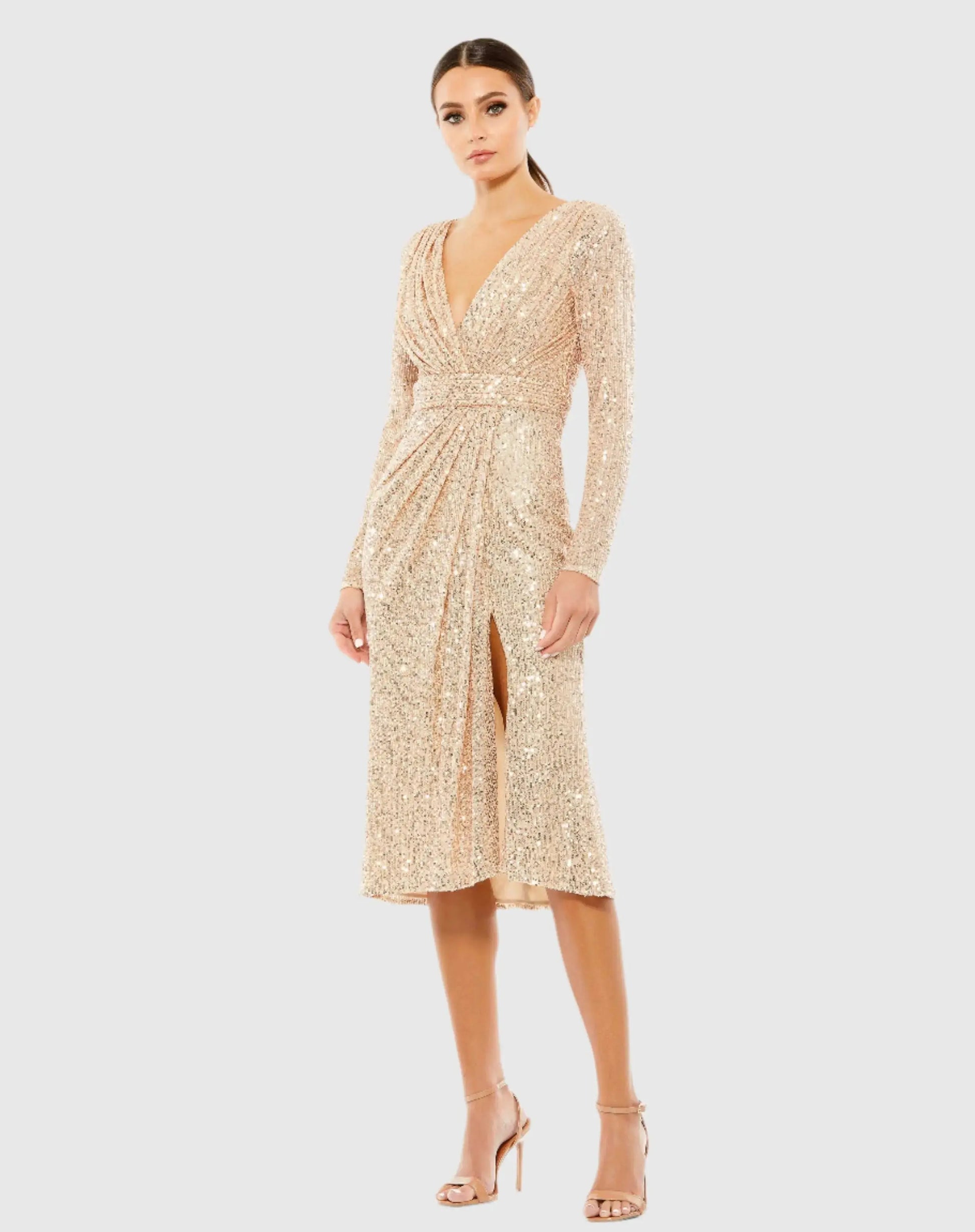 Sequined Long Sleeve Midi Dress - Mac Duggal Sequined Long Sleeve Midi Dress - Mac Duggal