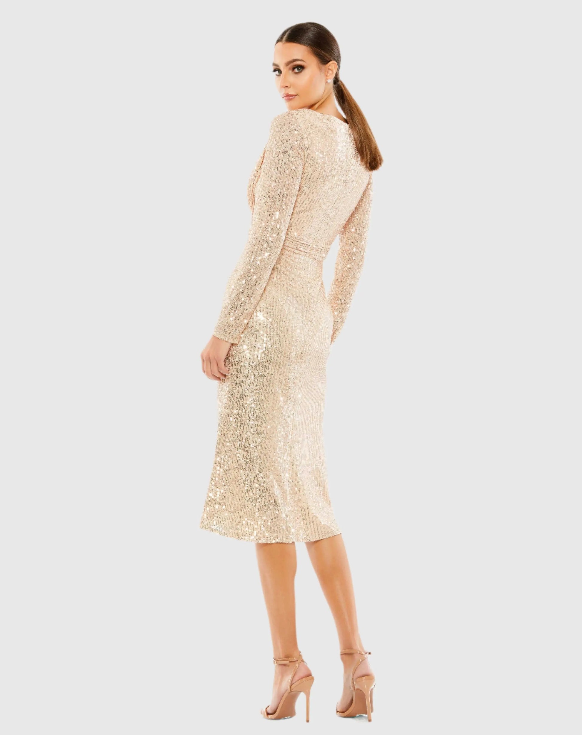 Pink Sequined Long Sleeve Midi Dress - Ieena for Mac Duggal