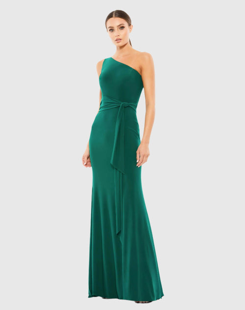 Jersey One Shoulder Belted Trumpet Gown