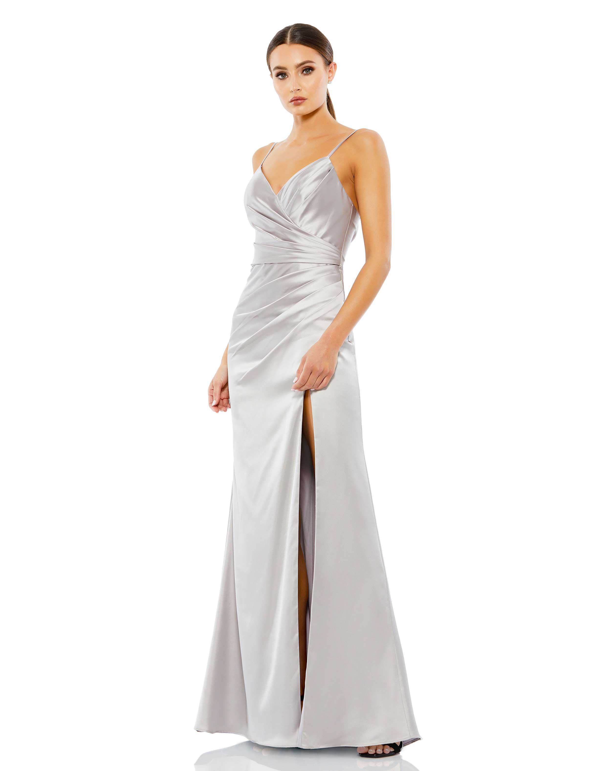 Satin Sleeveless Faux Wrap Ruched Gown