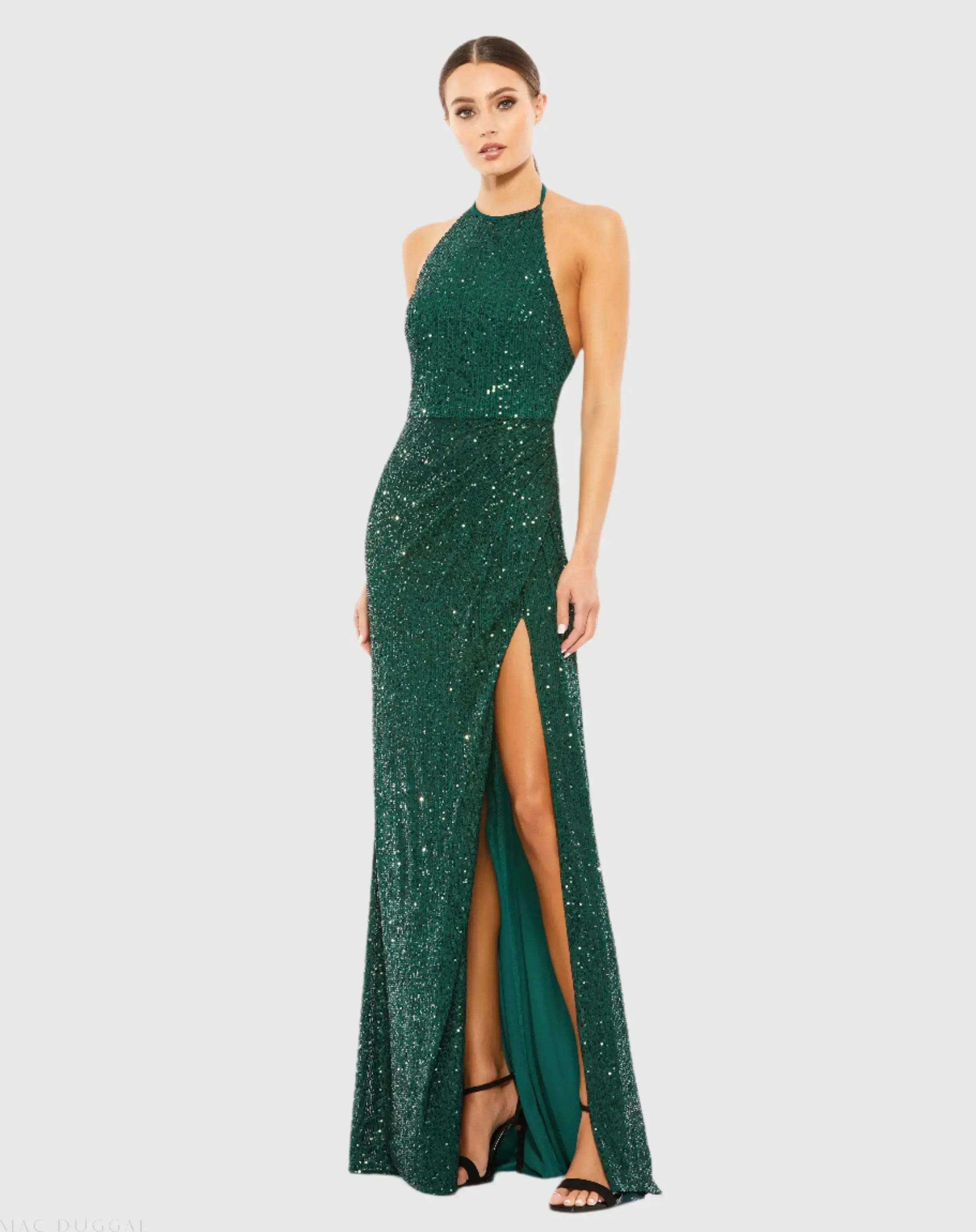 Green Sequin Open Back Halter Neck Gown - Mac Duggal