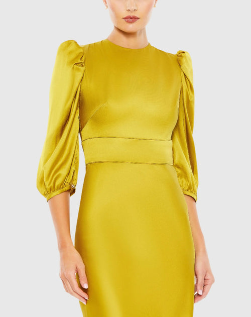 Green High Neck 3/4 Sleeve Midi Dress - Mac Duggal