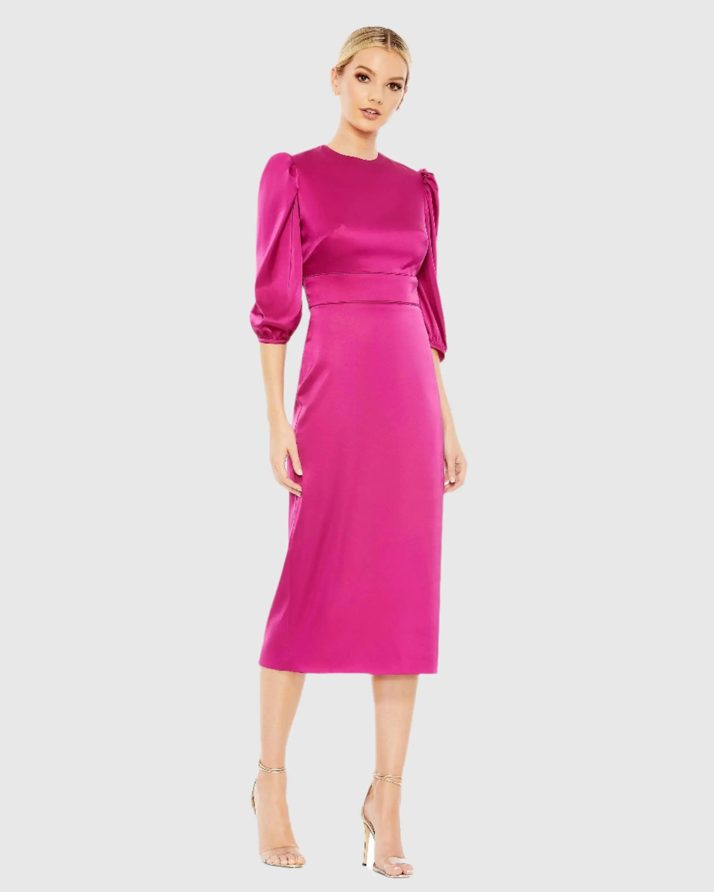 Pink High Neck 3/4 Sleeve Midi Dress - Ieena for Mac Duggal