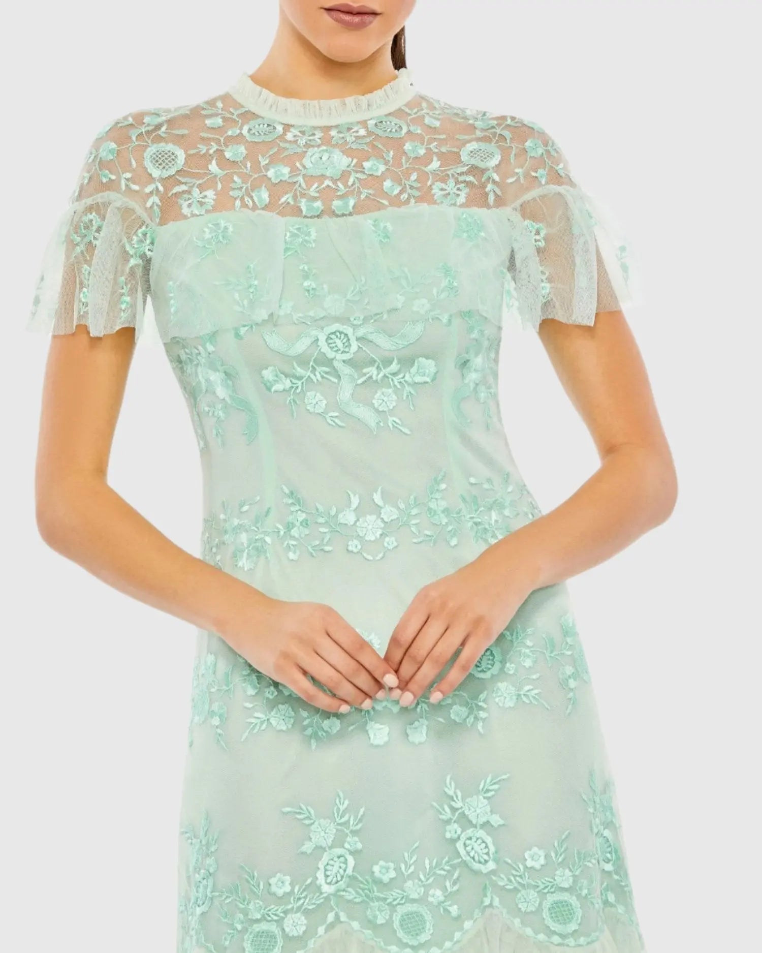 Embroidered Ruffled Cap Sleeve Midi Dress - Mac Duggal Mint / US 4 Embroidered Ruffled Cap Sleeve Midi Dress - Mac Duggal Mint / US 4