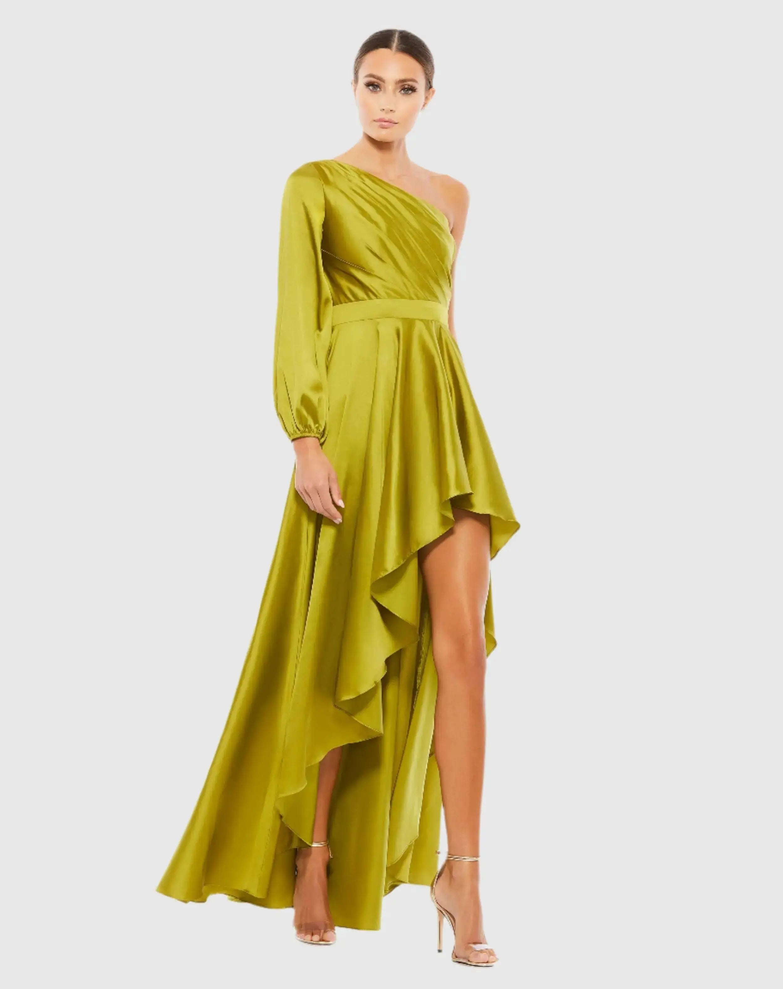Green High Low One Shoulder Flowy Gown - Mac Duggal