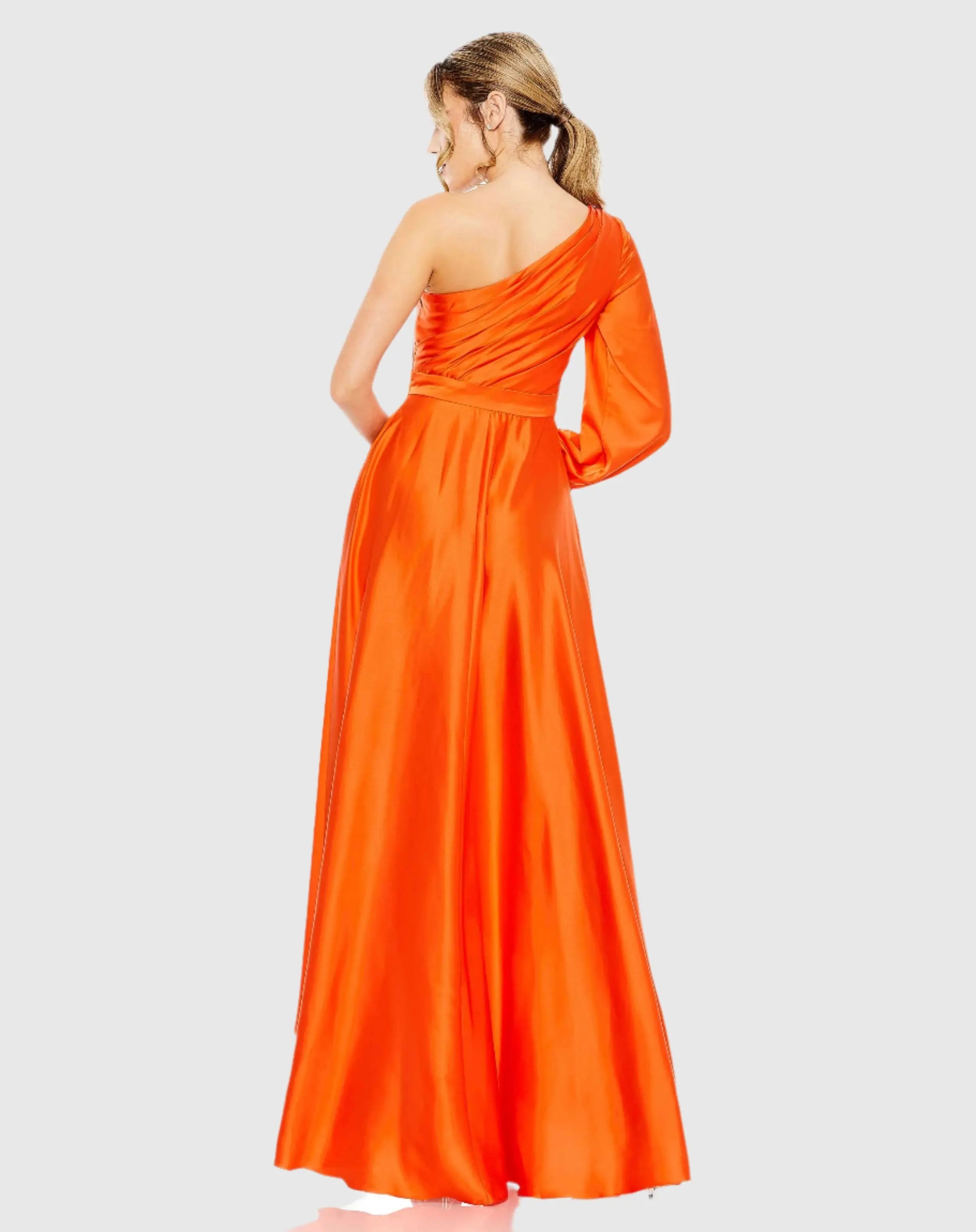 Orange High Low One Shoulder Flowy Gown - Mac Duggal