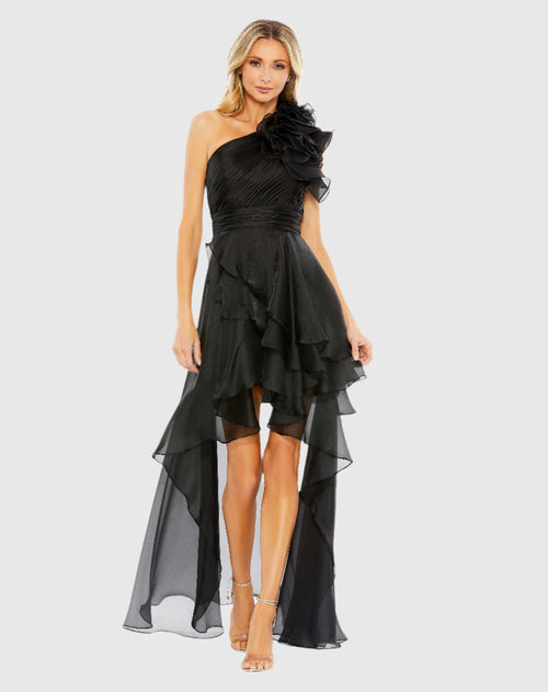 One Shoulder Ruffle Hi-Lo Gown