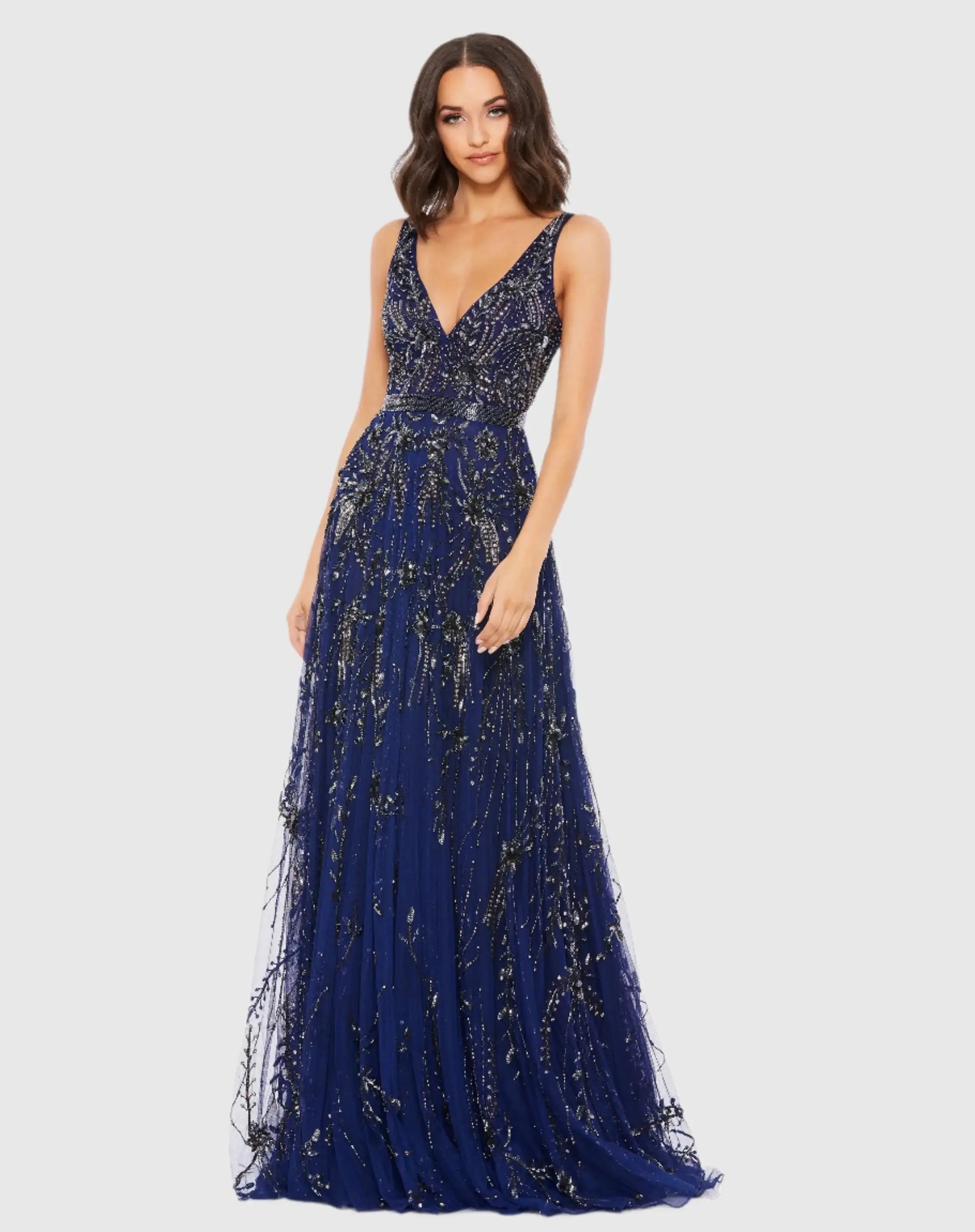 Navy Sleeveless V-Neck Embellished Tulle Gown - Mac Duggal