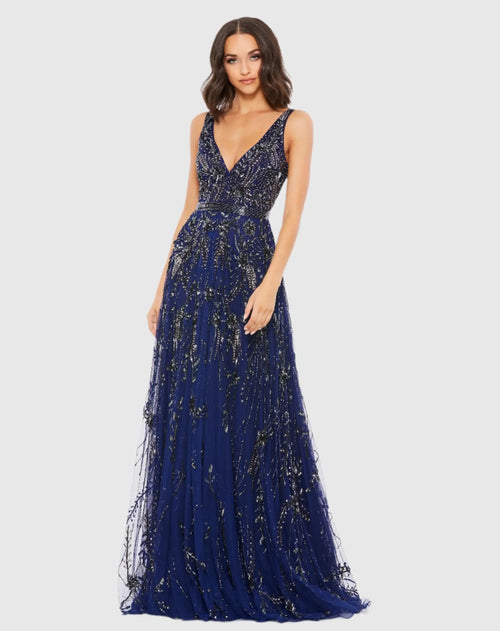 Navy Sleeveless V-Neck Embellished Tulle Gown - Mac Duggal