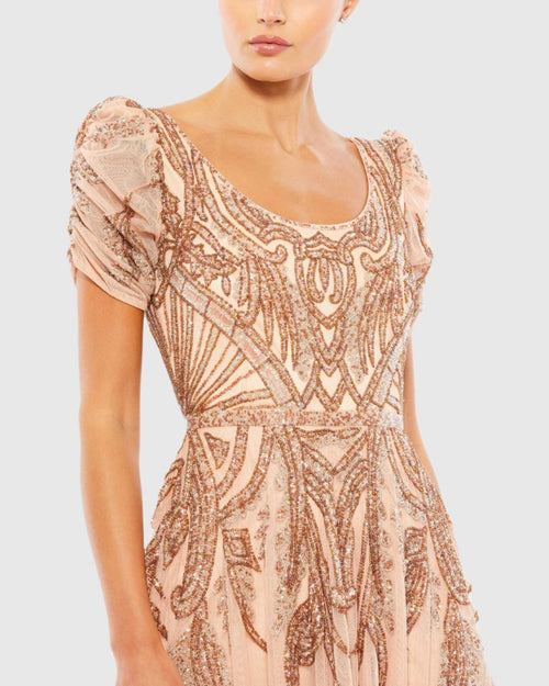 Beige Short Sleeve Beaded A-line Tea Length Dress