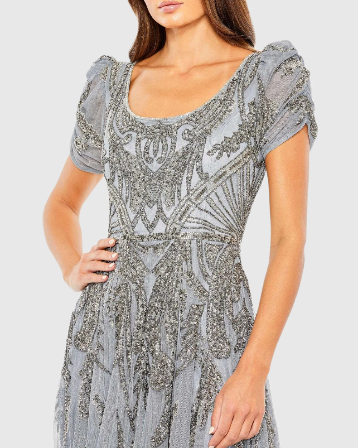 Short Sleeve Beaded A-line Tea Length Dress