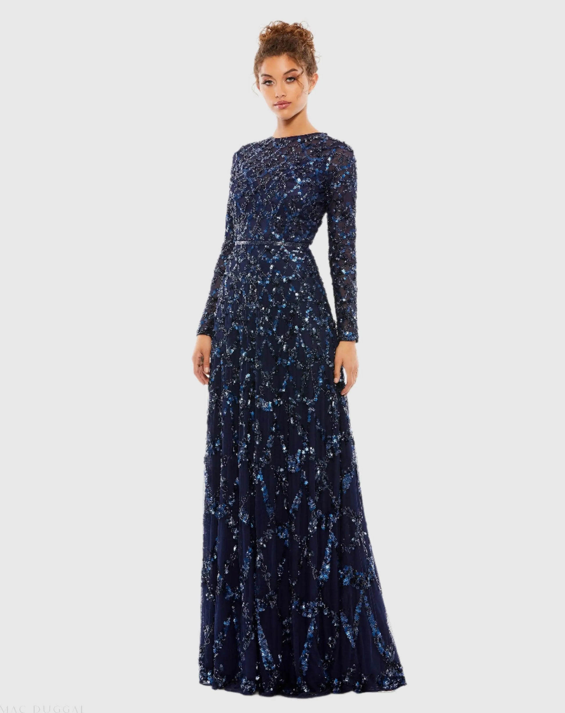 Navy Embellished Illusion High Neck Long Sleeve A Line Gown - Mac Mac Duggal Navy Embellished Illusion High Neck Long Sleeve A Line Gown - Mac Mac Duggal