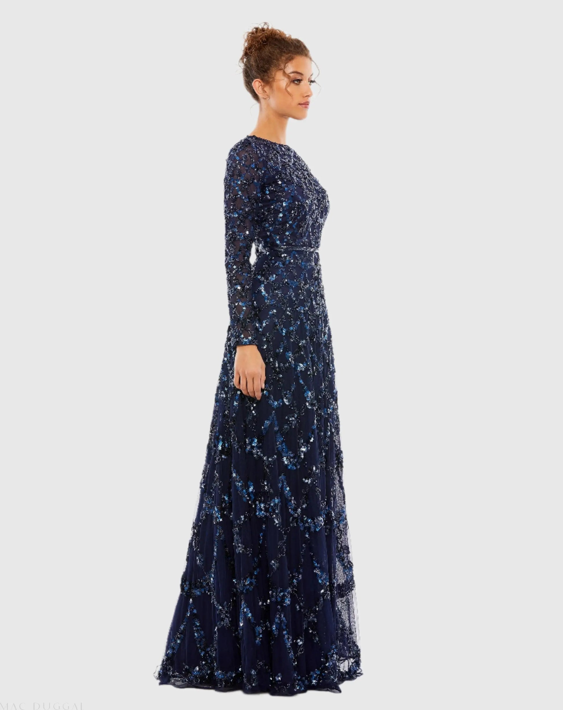navy long sleeve maxi dress Mac Duggal - Navy Embellished Illusion High Neck Long Sleeve A Line Gown