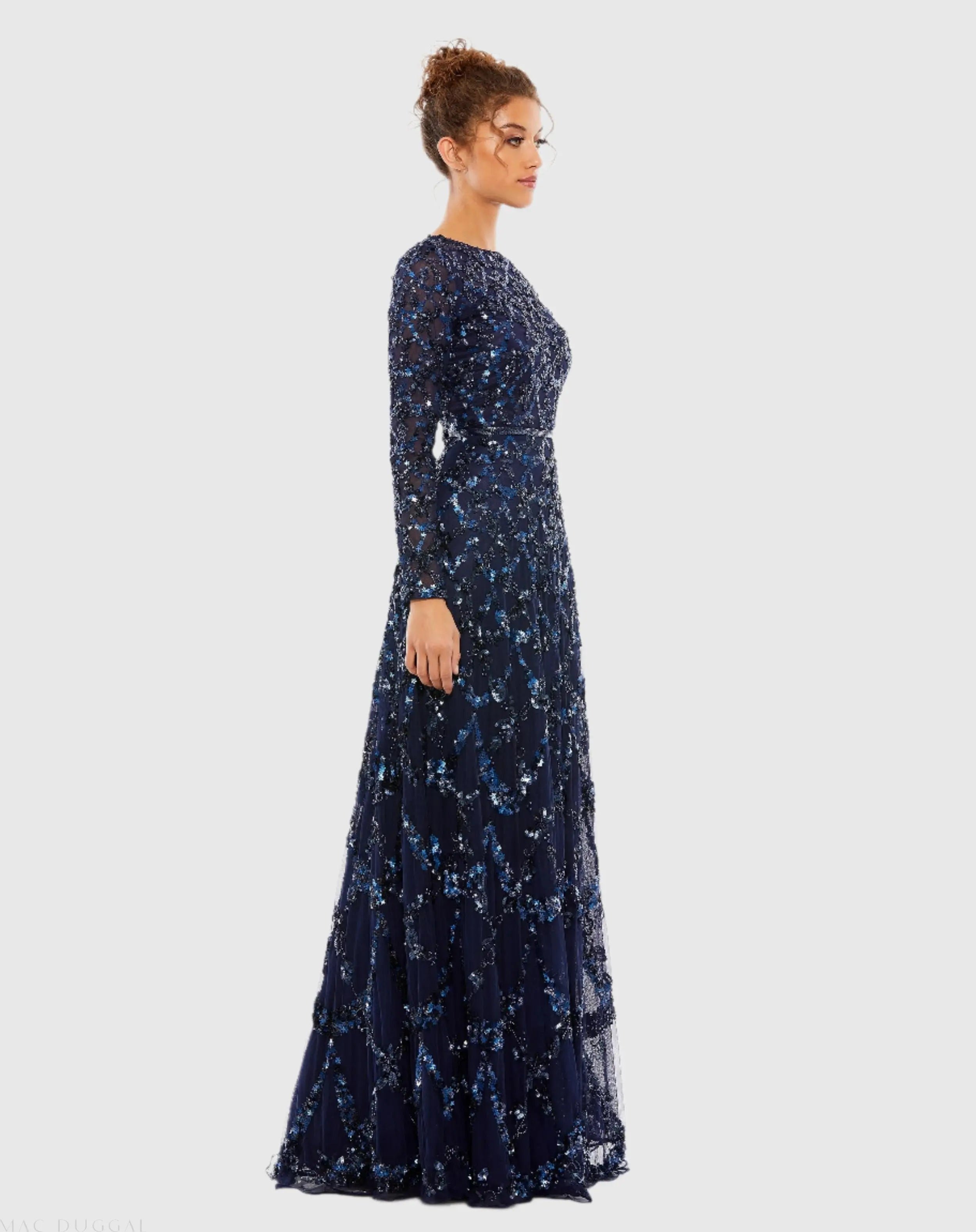 Navy Embellished Illusion High Neck Long Sleeve A Line Gown - Mac Duggal