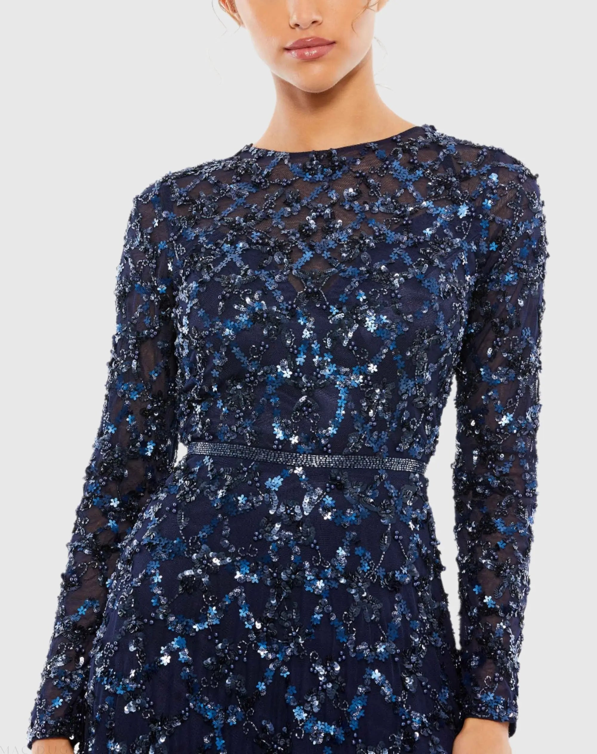 Navy Embellished Illusion High Neck Long Sleeve A Line Gown - Mac Duggal