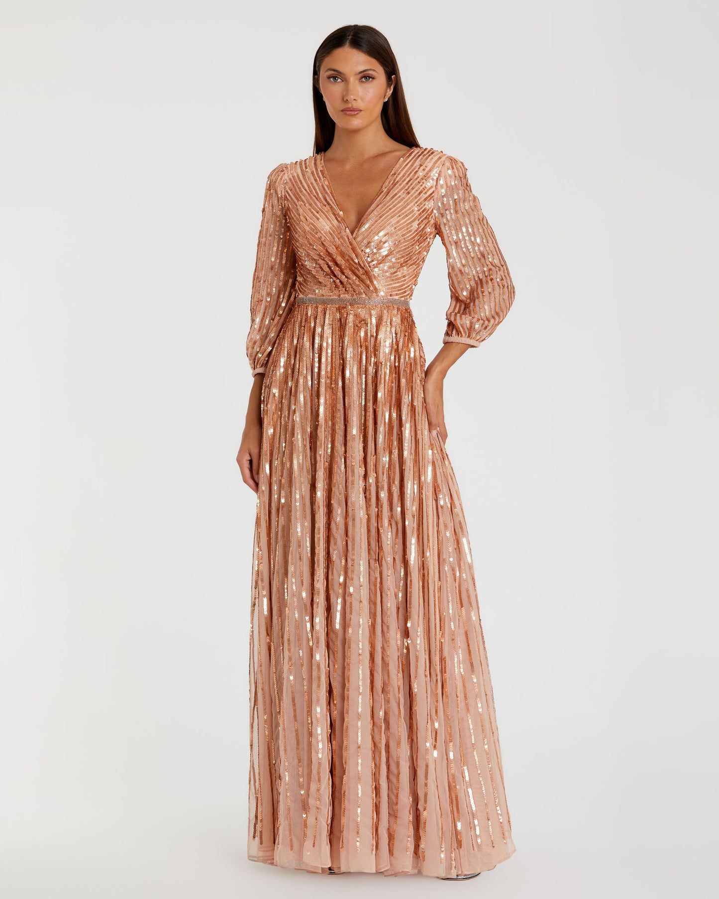 Sequined Wrap Over 3/4 Sleeve Gown