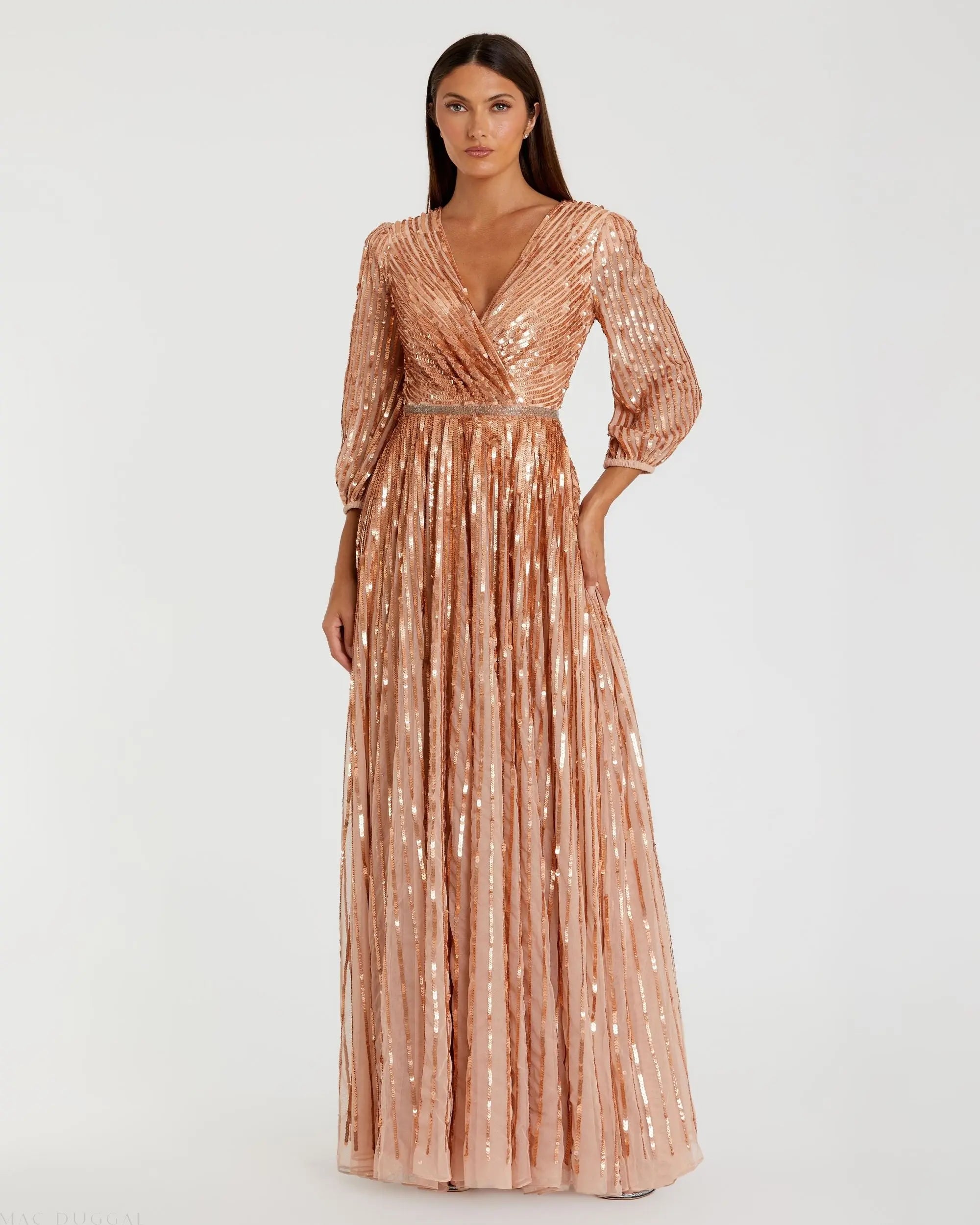 Pink Sequined Wrap Over 3/4 Sleeve Gown - Mac Duggal