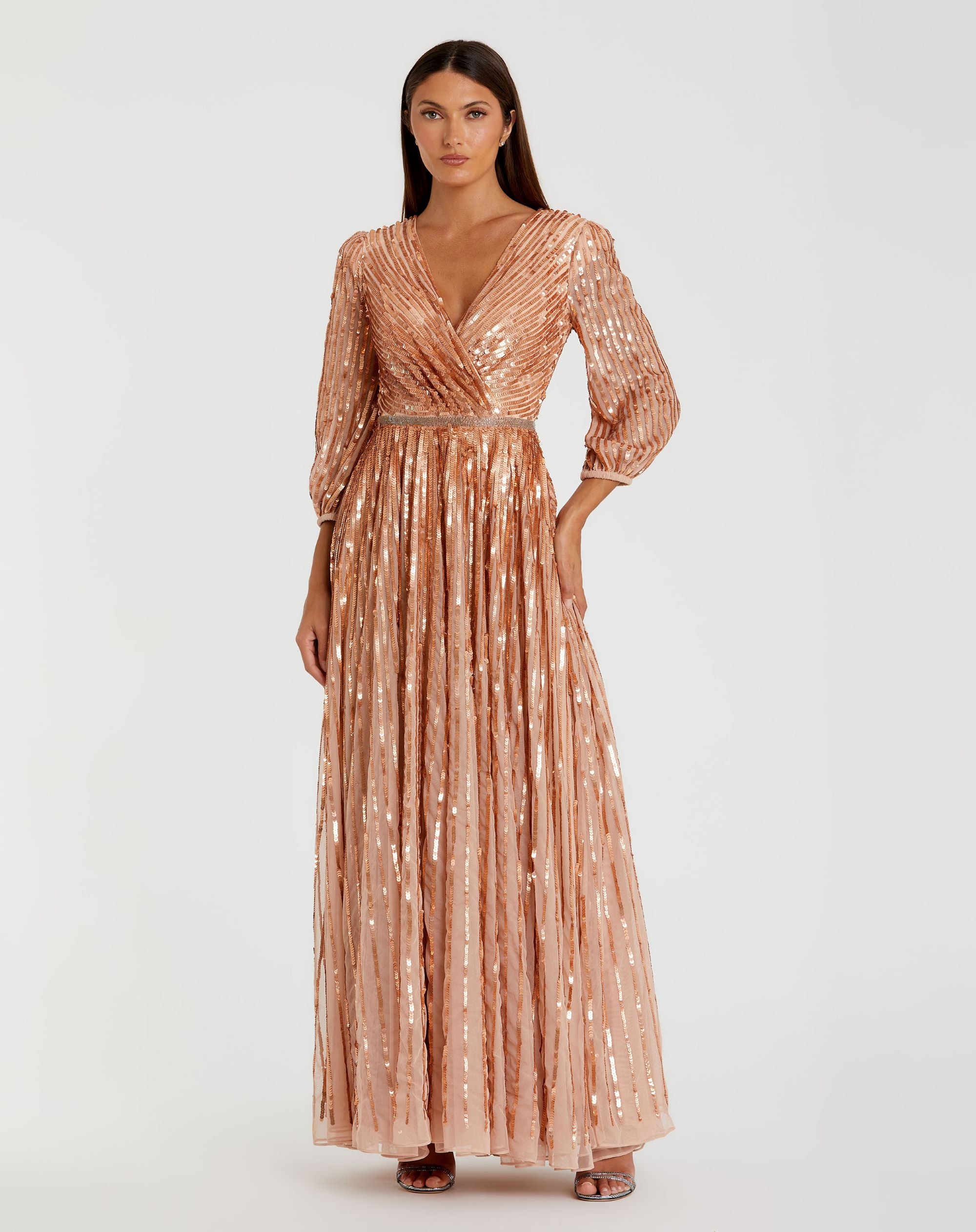 Sequined Wrap Over 3/4 Sleeve Gown