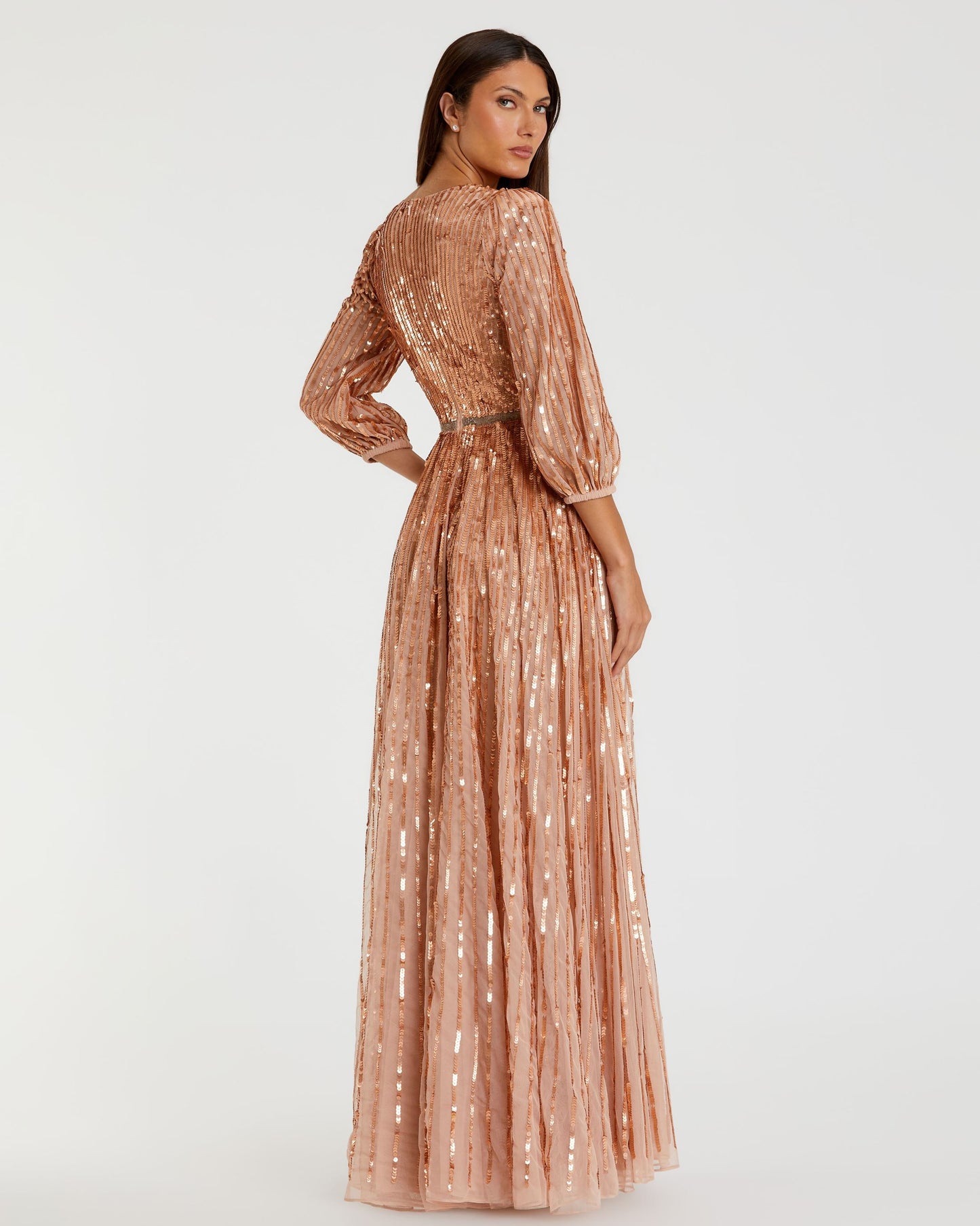 Sequined Wrap Over 3/4 Sleeve Gown