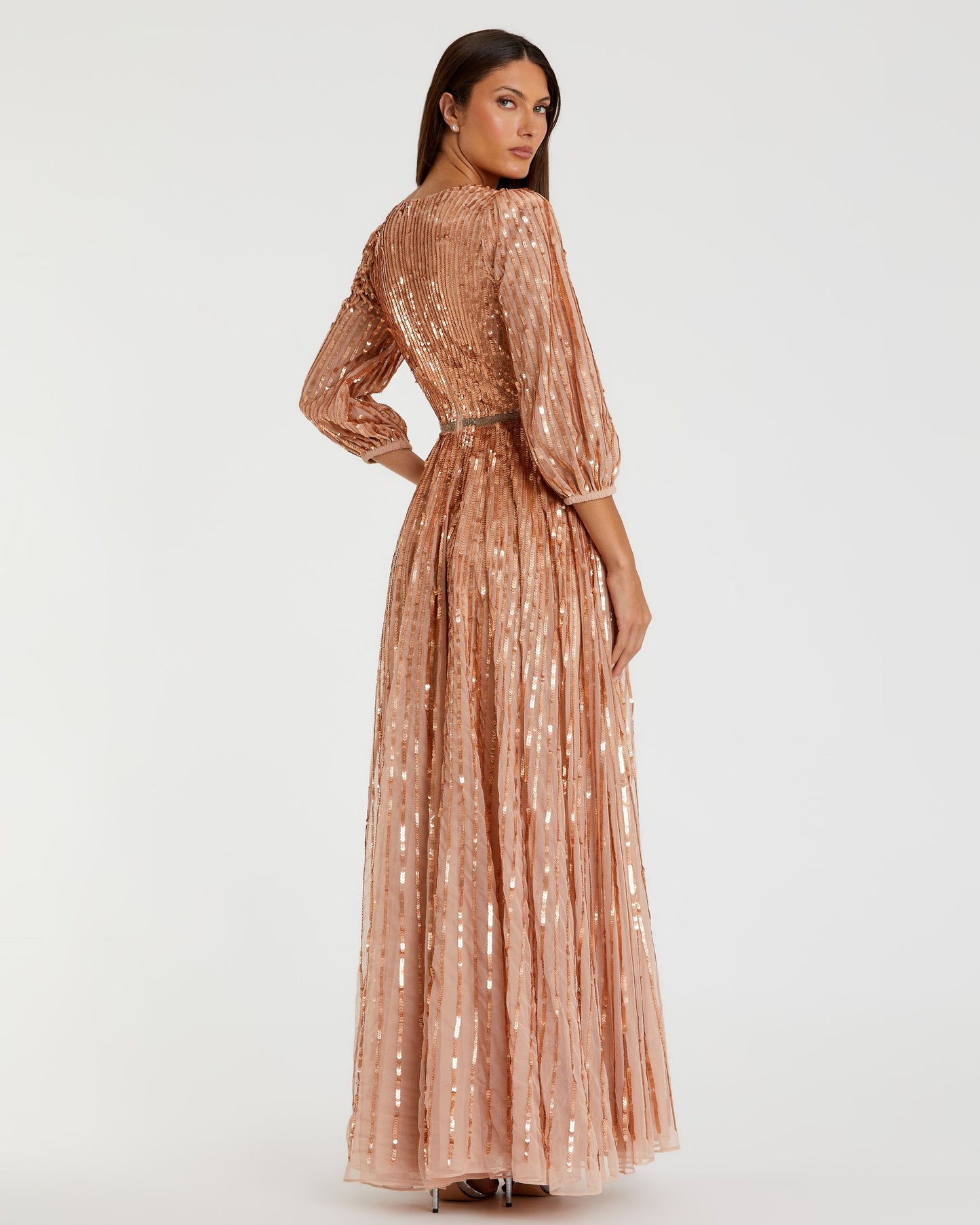 Sequined Wrap Over 3/4 Sleeve Gown