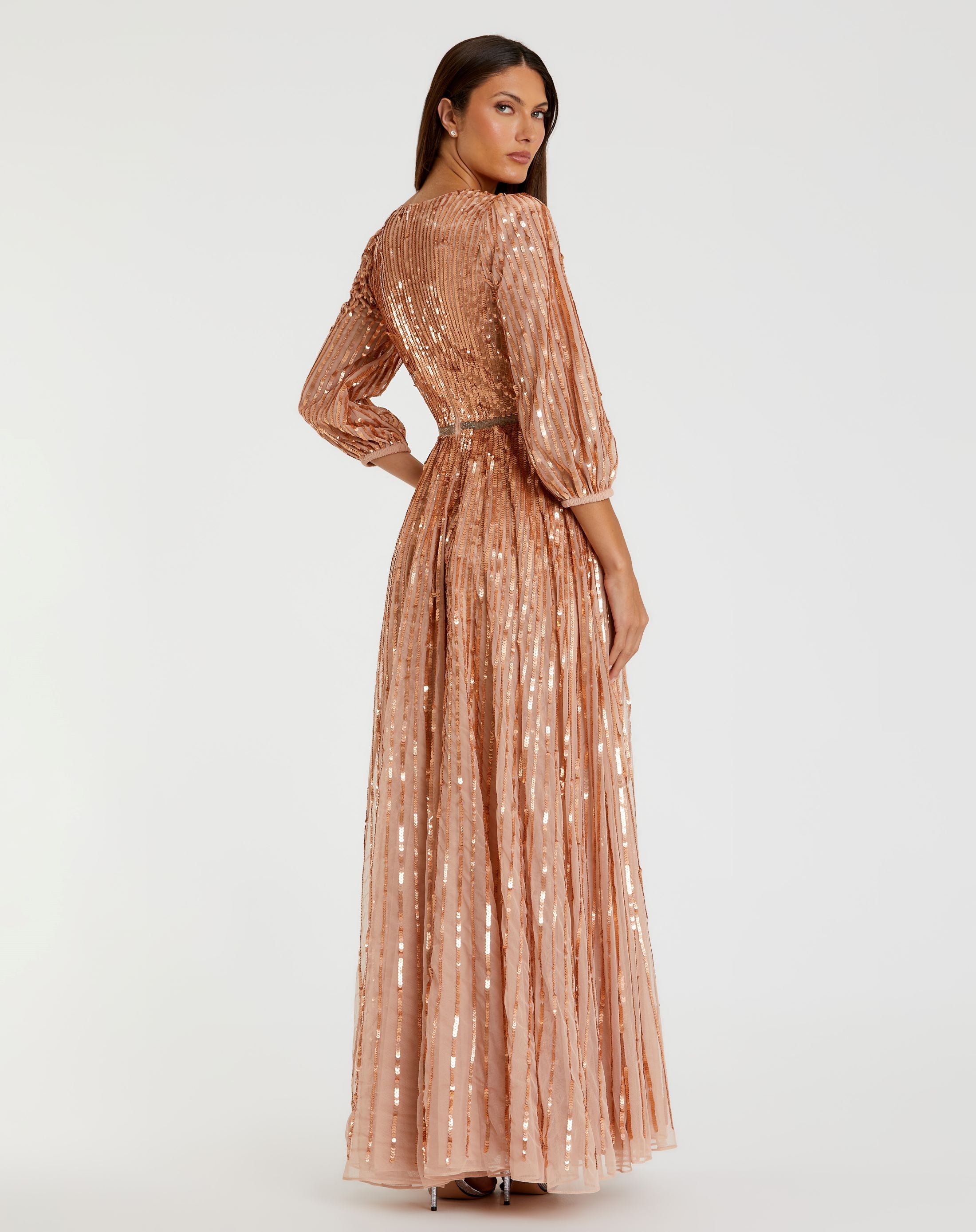 Sequined Wrap Over 3/4 Sleeve Gown