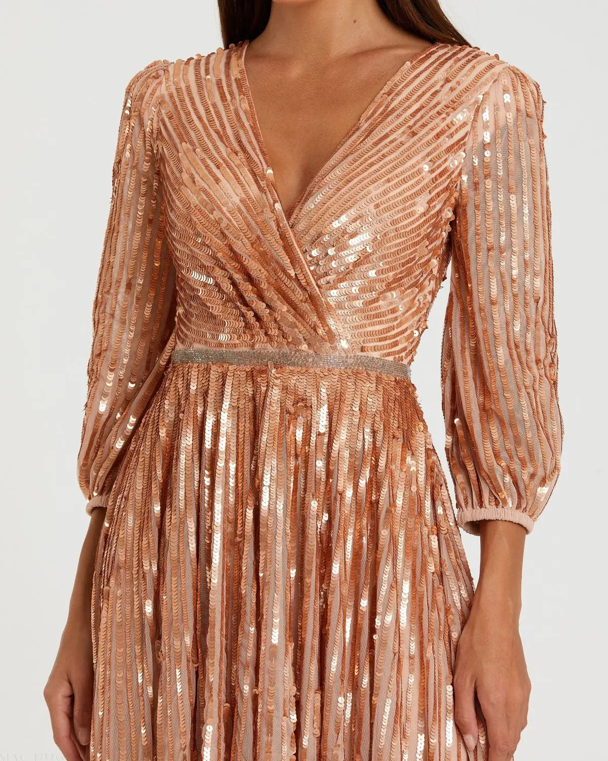 Mac Duggal - Pink Sequined Wrap Over 3/4 Sleeve Gown - Apricot / US 18 Mac Duggal - Pink Sequined Wrap Over 3/4 Sleeve Gown - Apricot / US 18