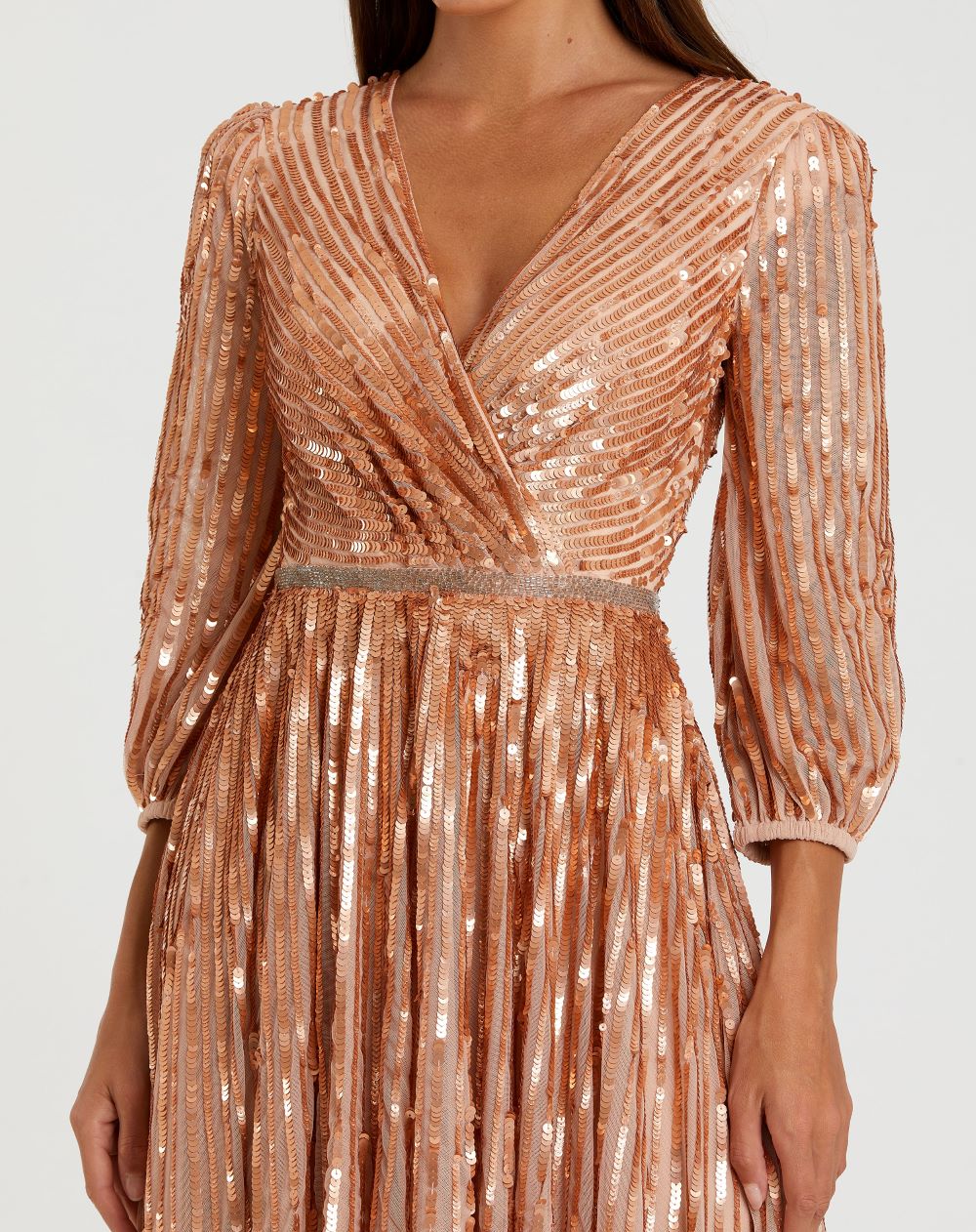 Sequined Wrap Over 3/4 Sleeve Gown