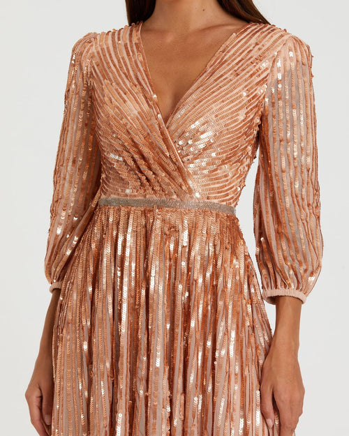 Sequined Wrap Over 3/4 Sleeve Gown