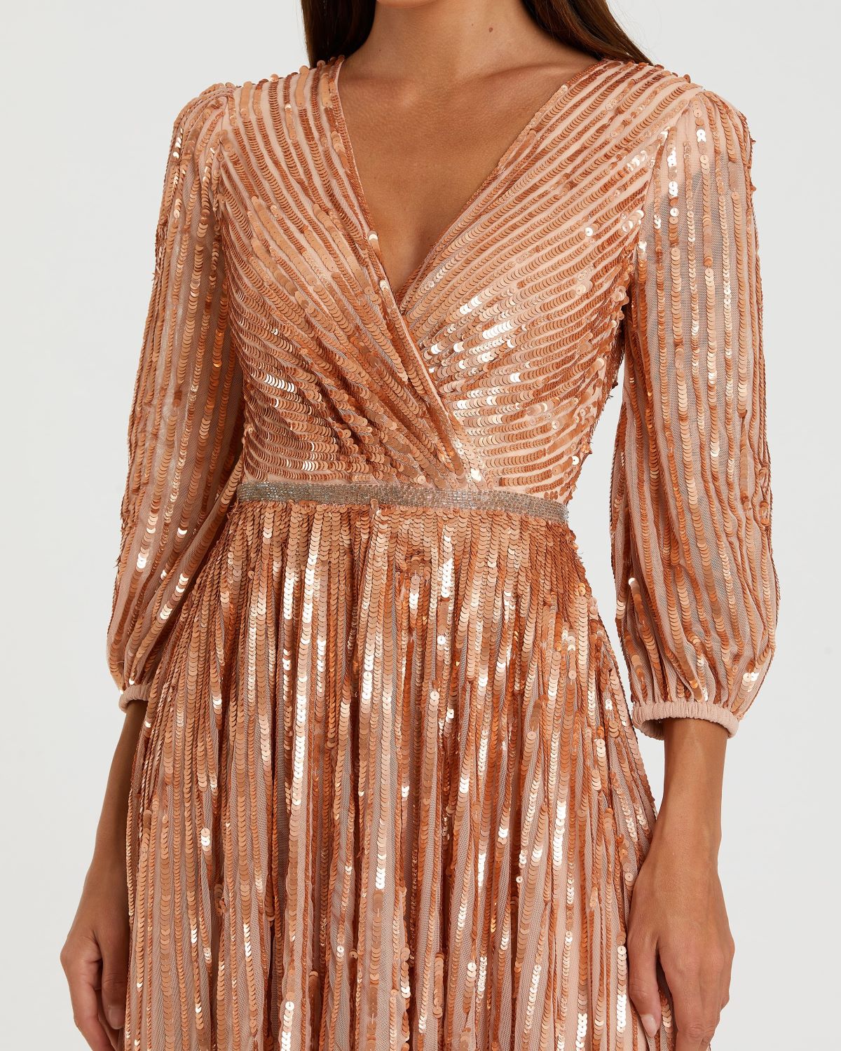 Sequined Wrap Over 3/4 Sleeve Gown