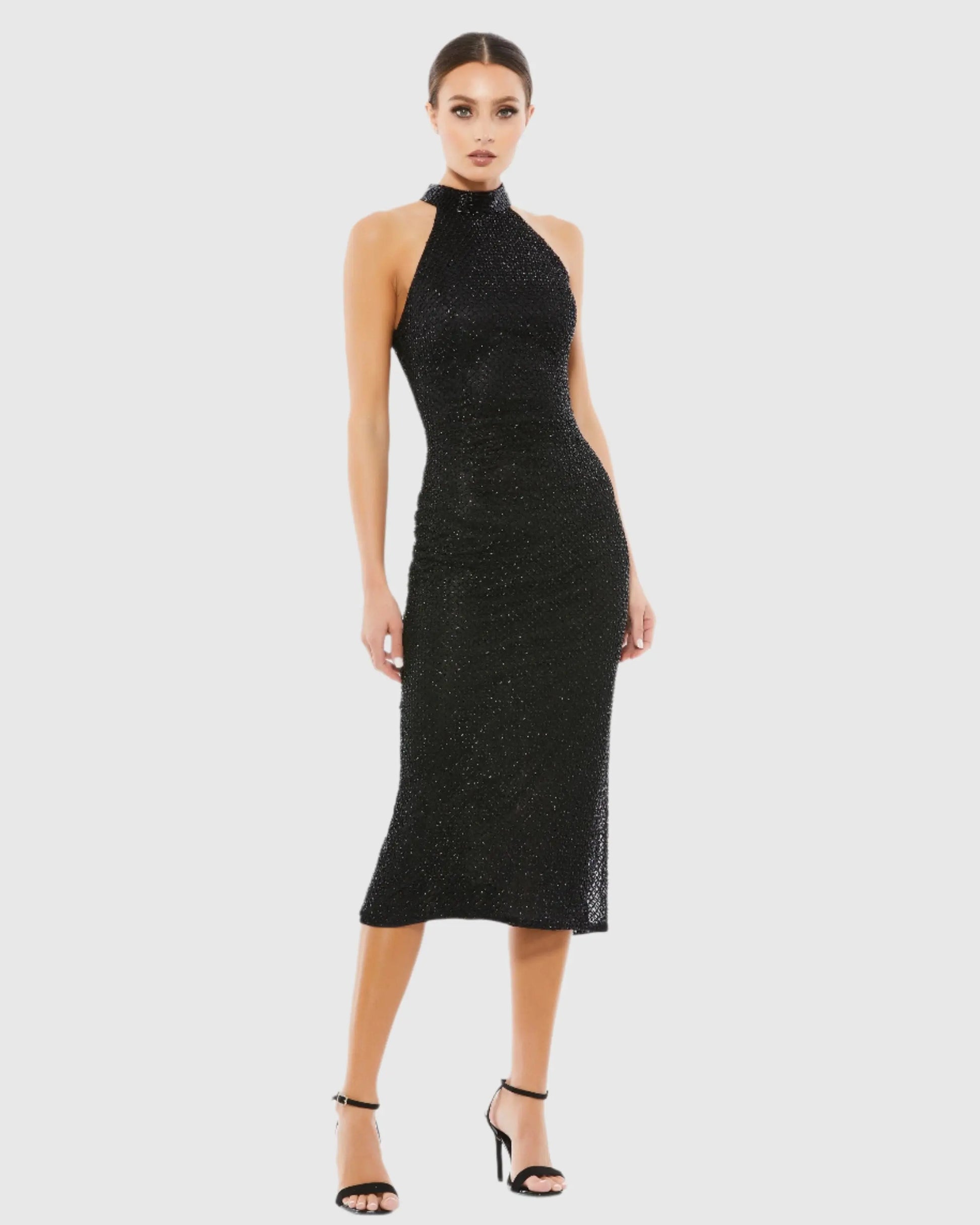 High Neck Halter Sleeveless Midi Dress - Mac Duggal Black / US 2 High Neck Halter Sleeveless Midi Dress - Mac Duggal Black / US 2