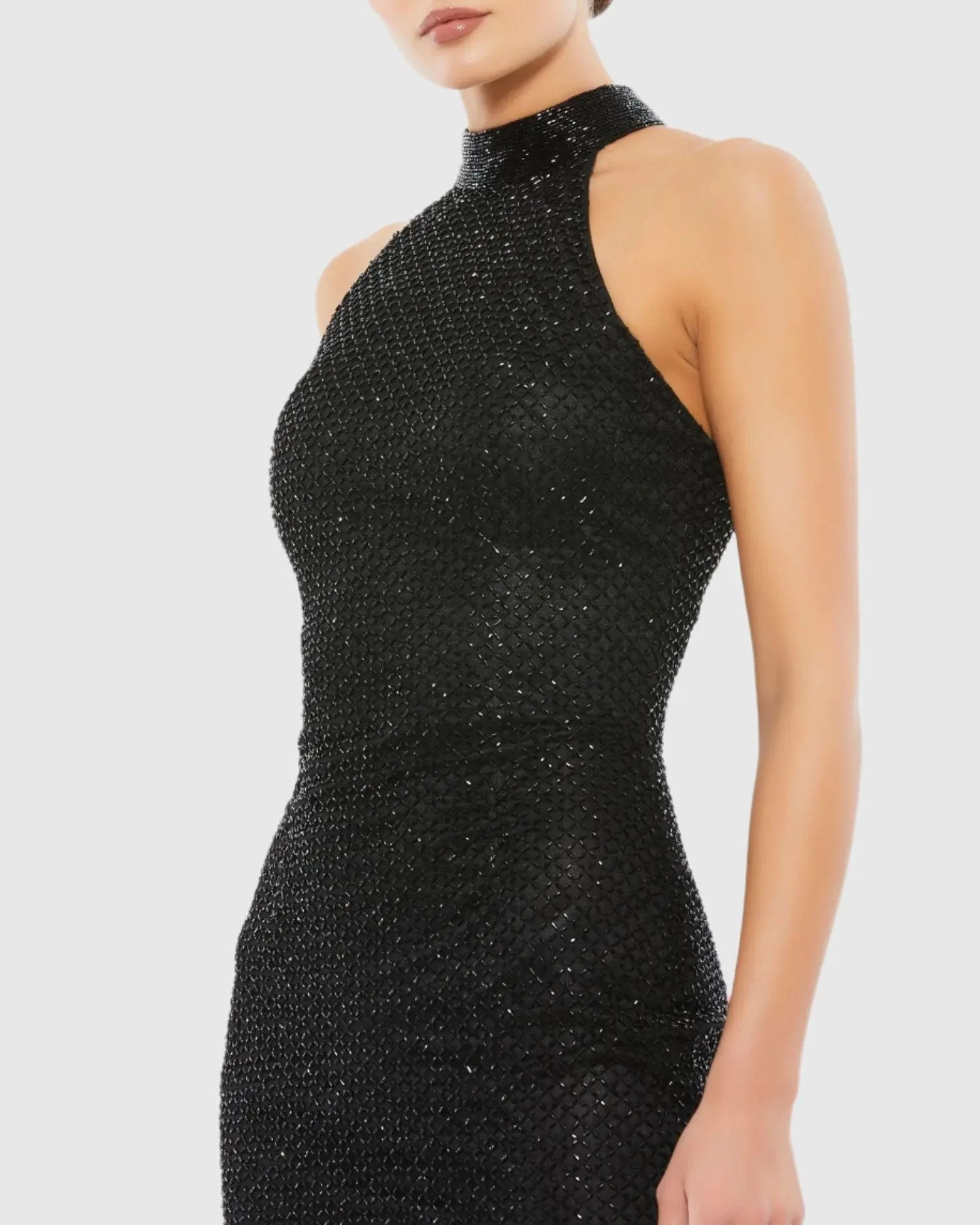 Black High Neck Halter Sleeveless Midi Dress - Mac Duggal