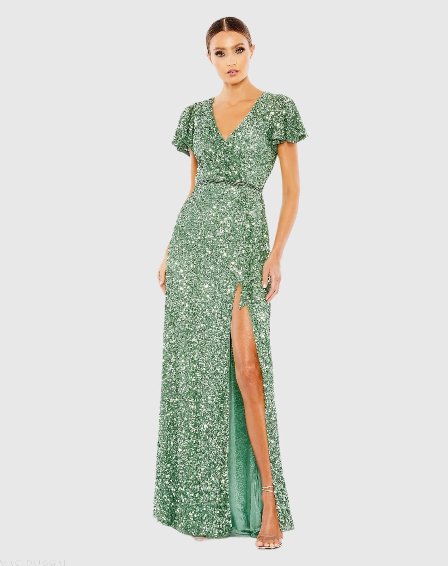 Sequined Wrap Over Butterfly Sleeve Draped Gown - Mac Duggal