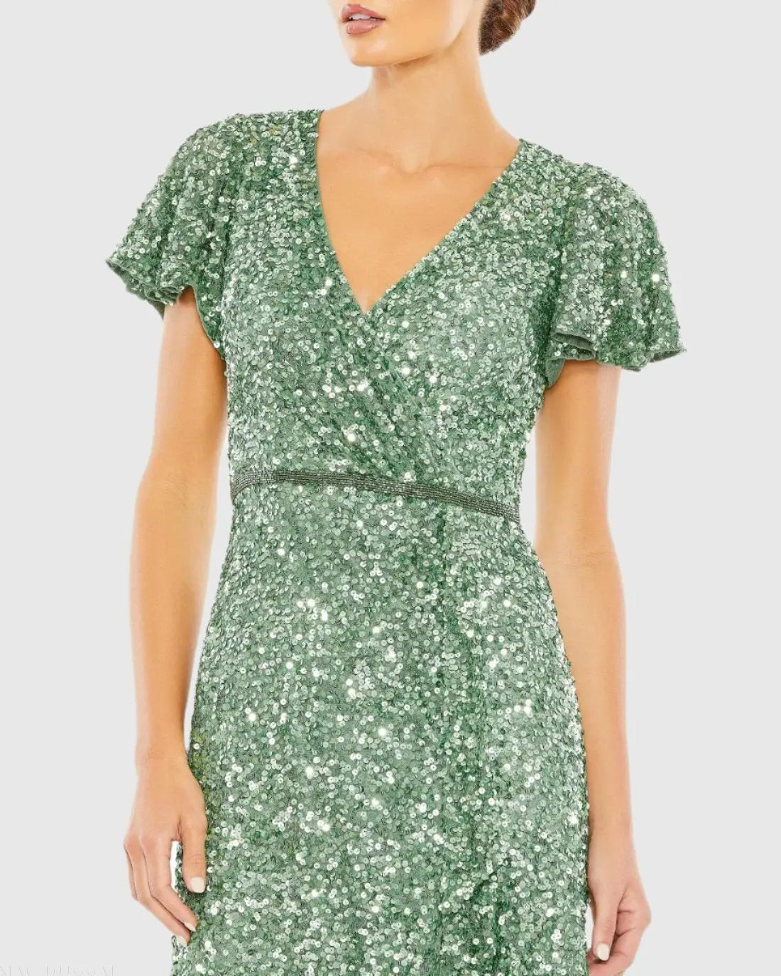 Sequined Wrap Over Butterfly Sleeve Draped Gown - Mac Duggal