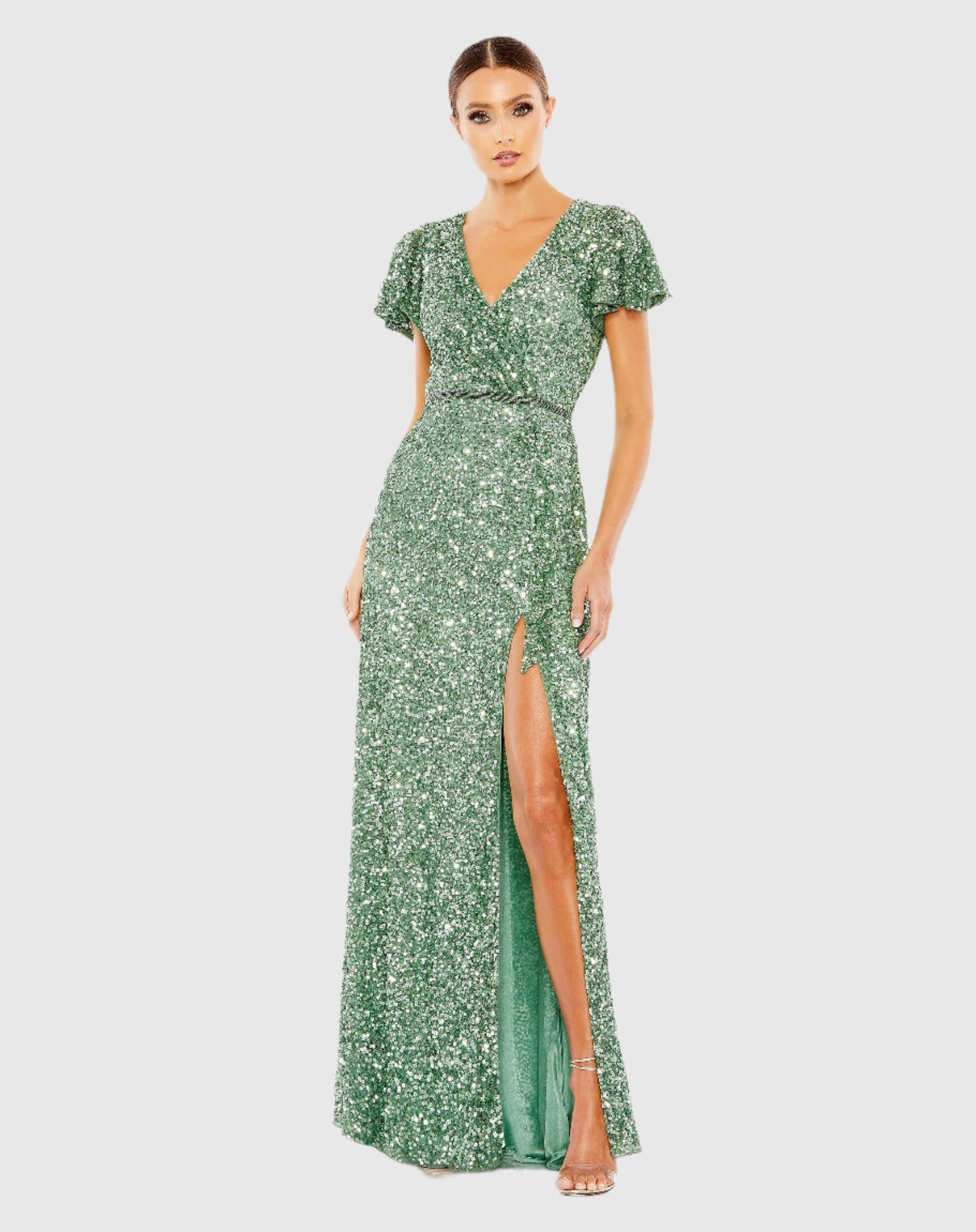 Sequined Wrap Over Butterfly Sleeve Draped Gown