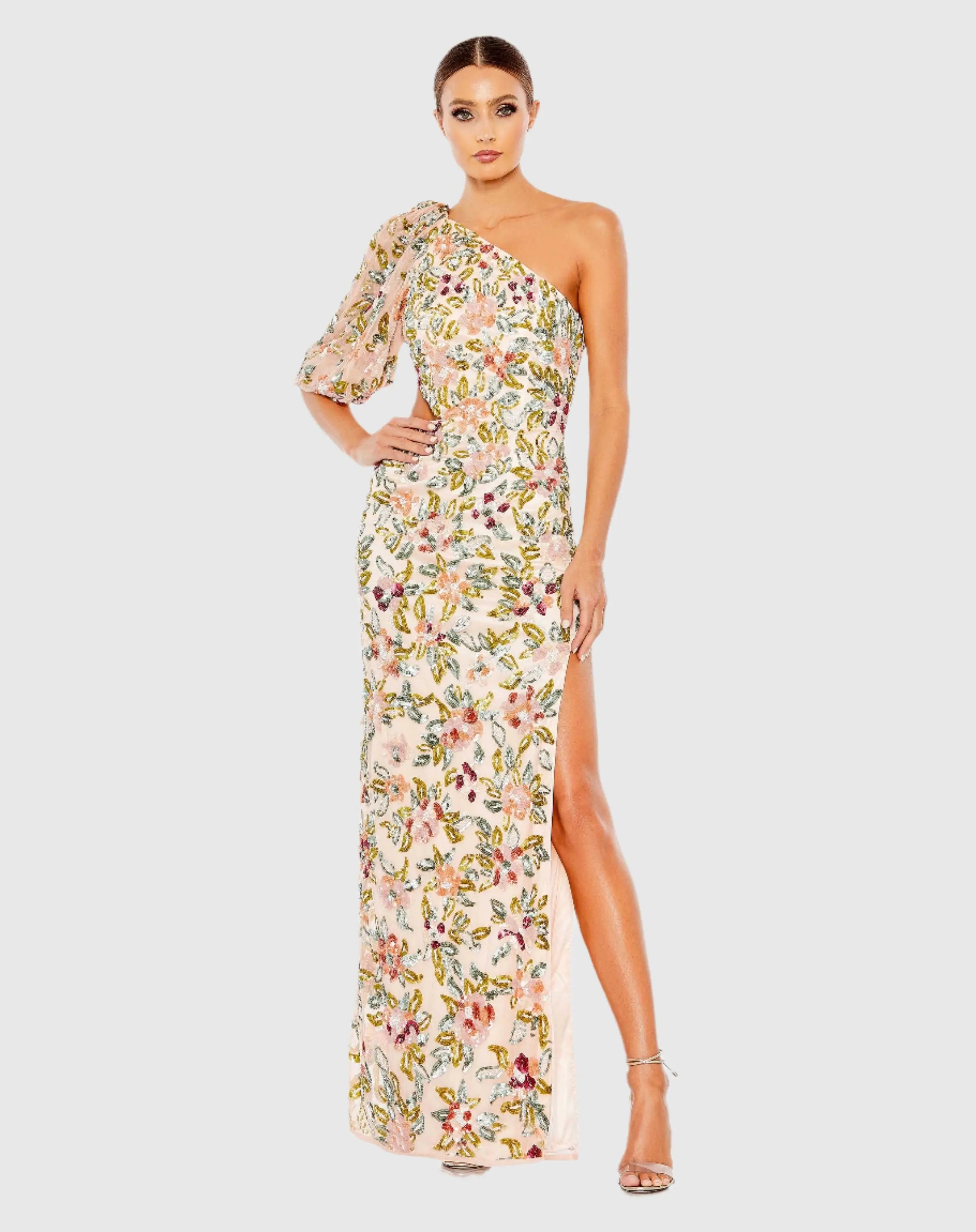 Beige One Shoulder Floral Embellished Gown - Mac Duggal