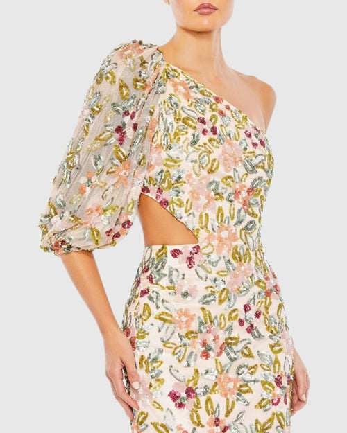 Vestido de um ombro só com enfeites florais