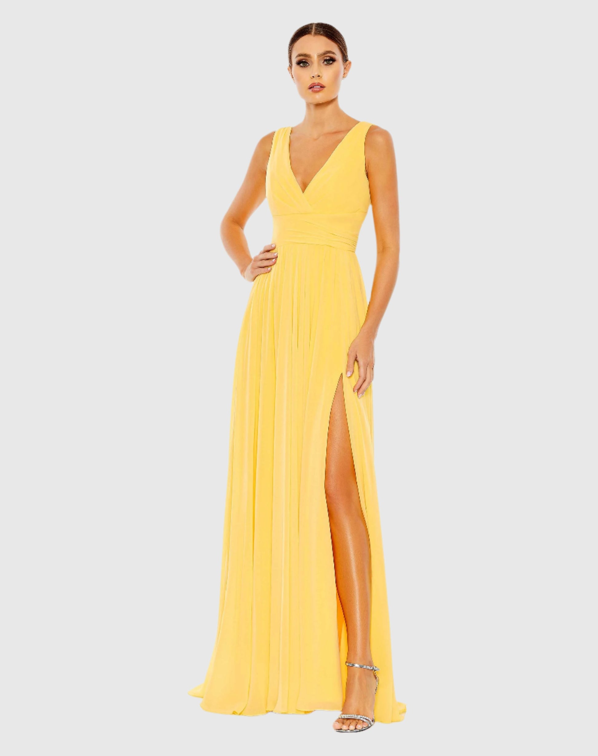 Yellow Chiffon Sleeveless Wrap Over A Line Gown - Ieena for Mac Duggal