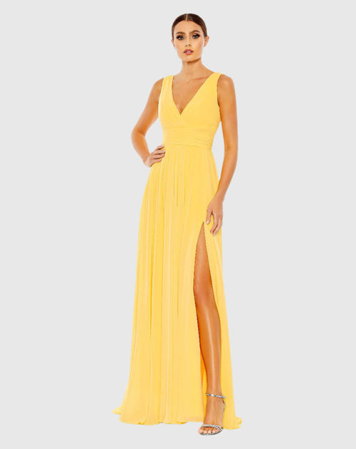 Yellow Chiffon Sleeveless Wrap Over A Line Gown