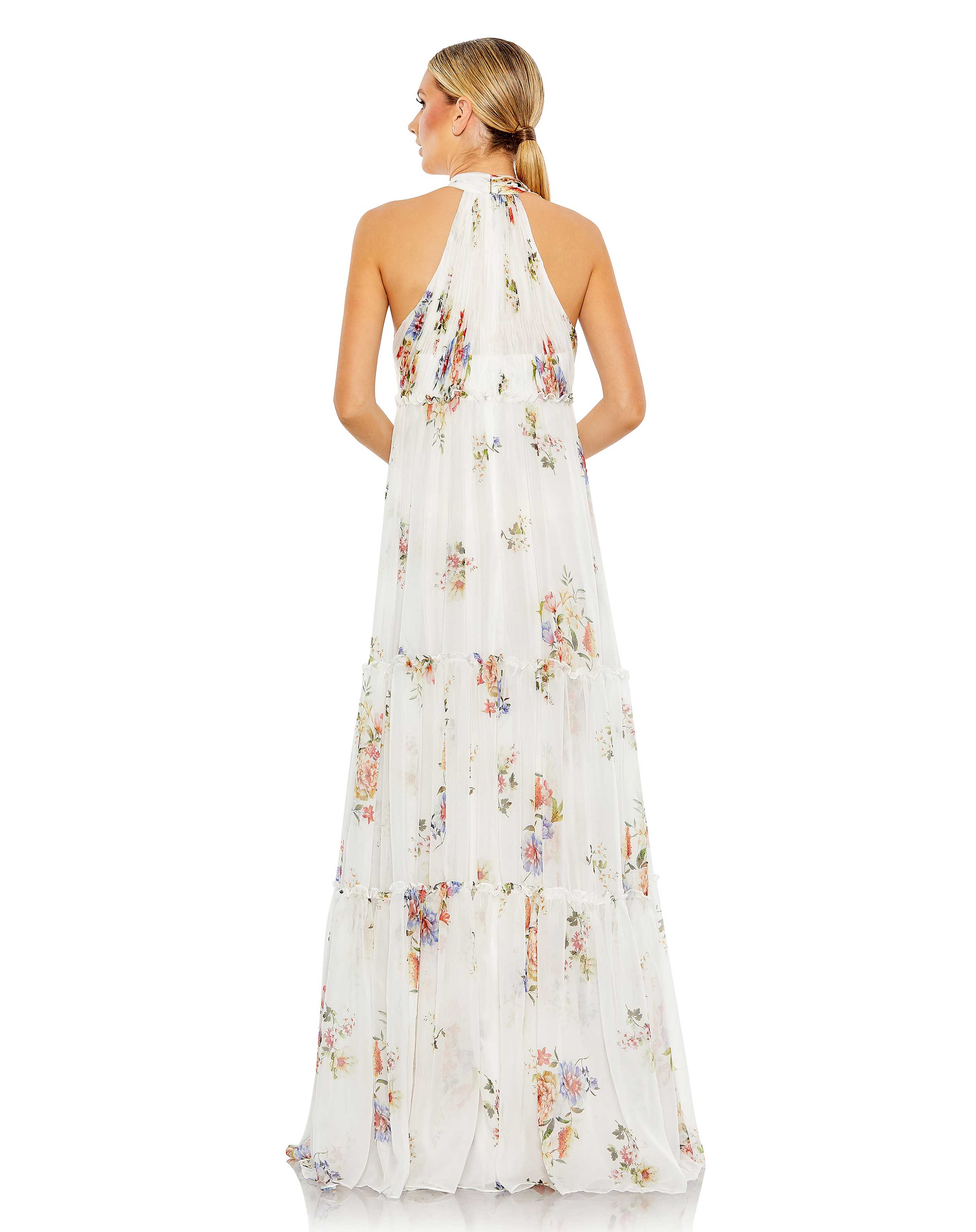 Floral Print Ruched Tiered High Neck Bow Gown