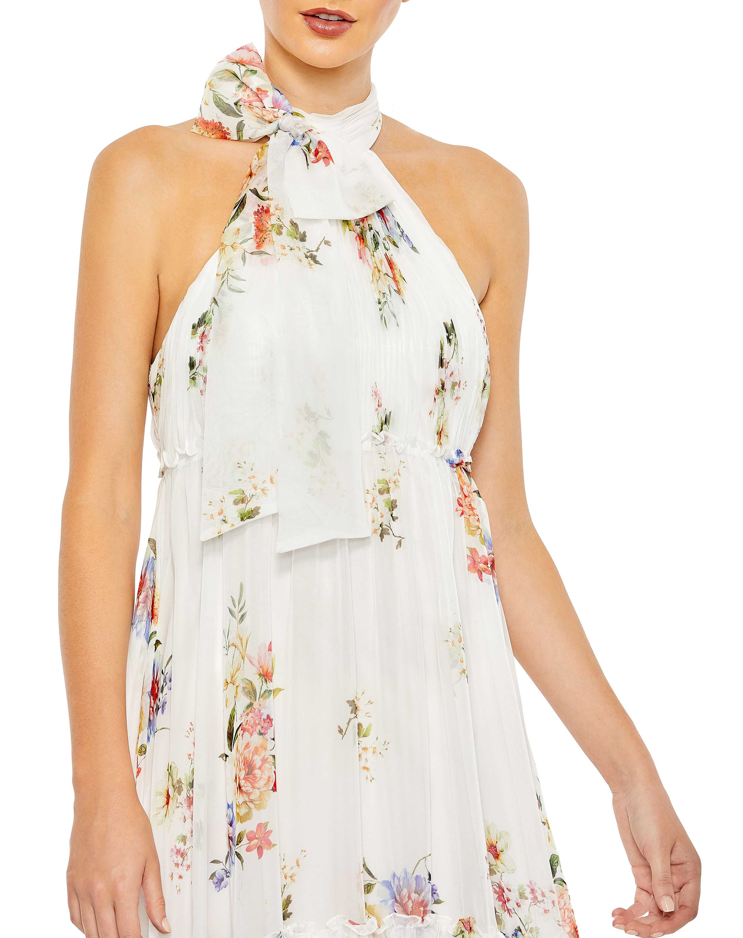 Floral Print Ruched Tiered High Neck Bow Gown
