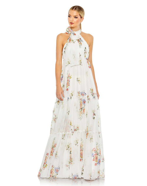 Floral Print Ruched Tiered High Neck Bow Gown