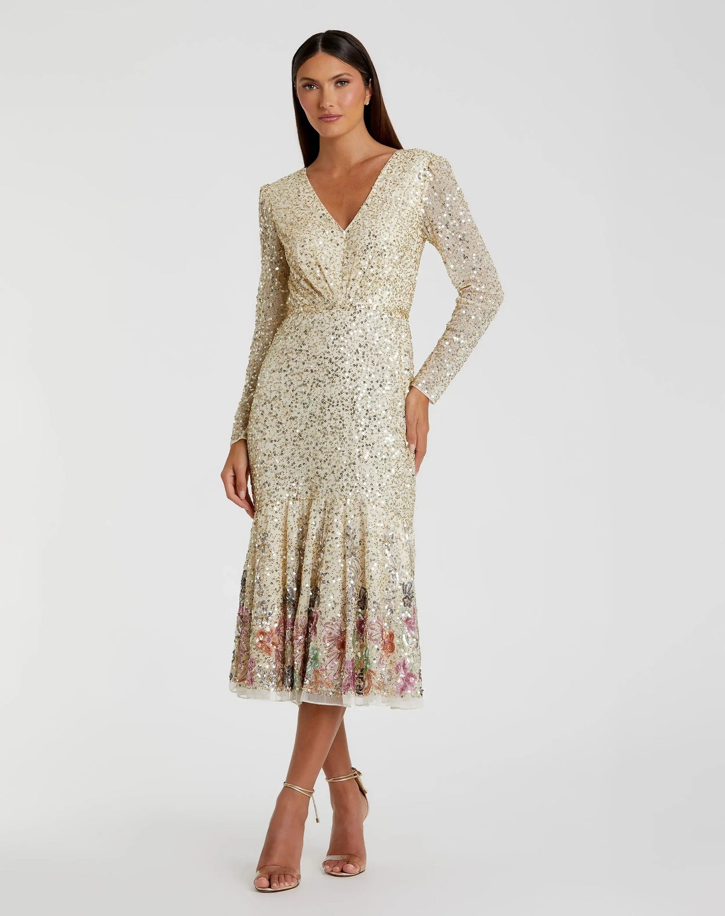 Gold Multicolor Faux Wrap Long Sleeve Tea Length Dress - FINAL SALE - Mac Duggal Gold Multicolor Faux Wrap Long Sleeve Tea Length Dress - FINAL SALE - Mac Duggal