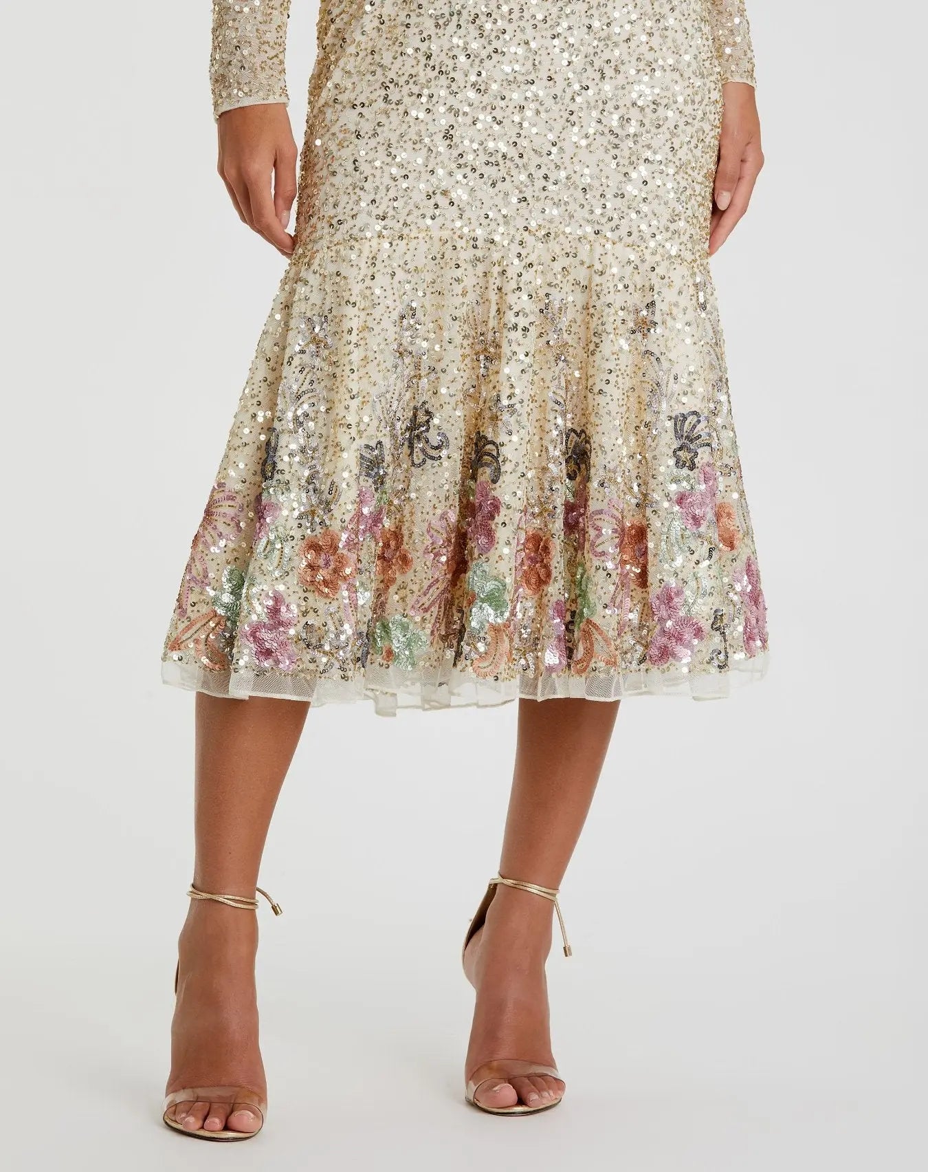 Gold Multicolor Faux Wrap Long Sleeve Tea Length Dress - Mac Duggal